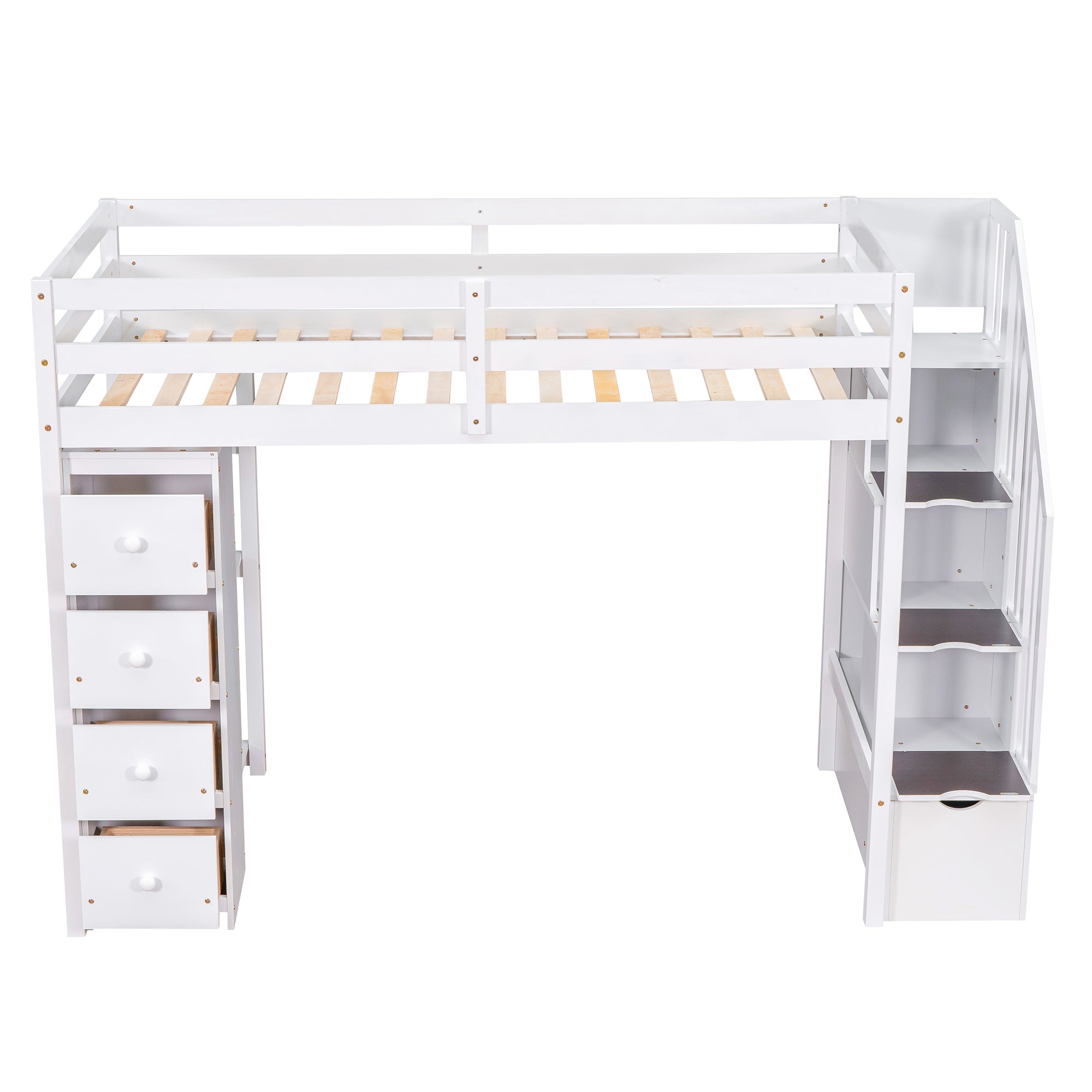 Royard Oaktree Twin Size Loft Bed with 4 Drawers and Shelves Wooden Loft Bed Frame with Guardrail and Storage Stairs for Kids Boys Girls Teens, No Box Spring Needed