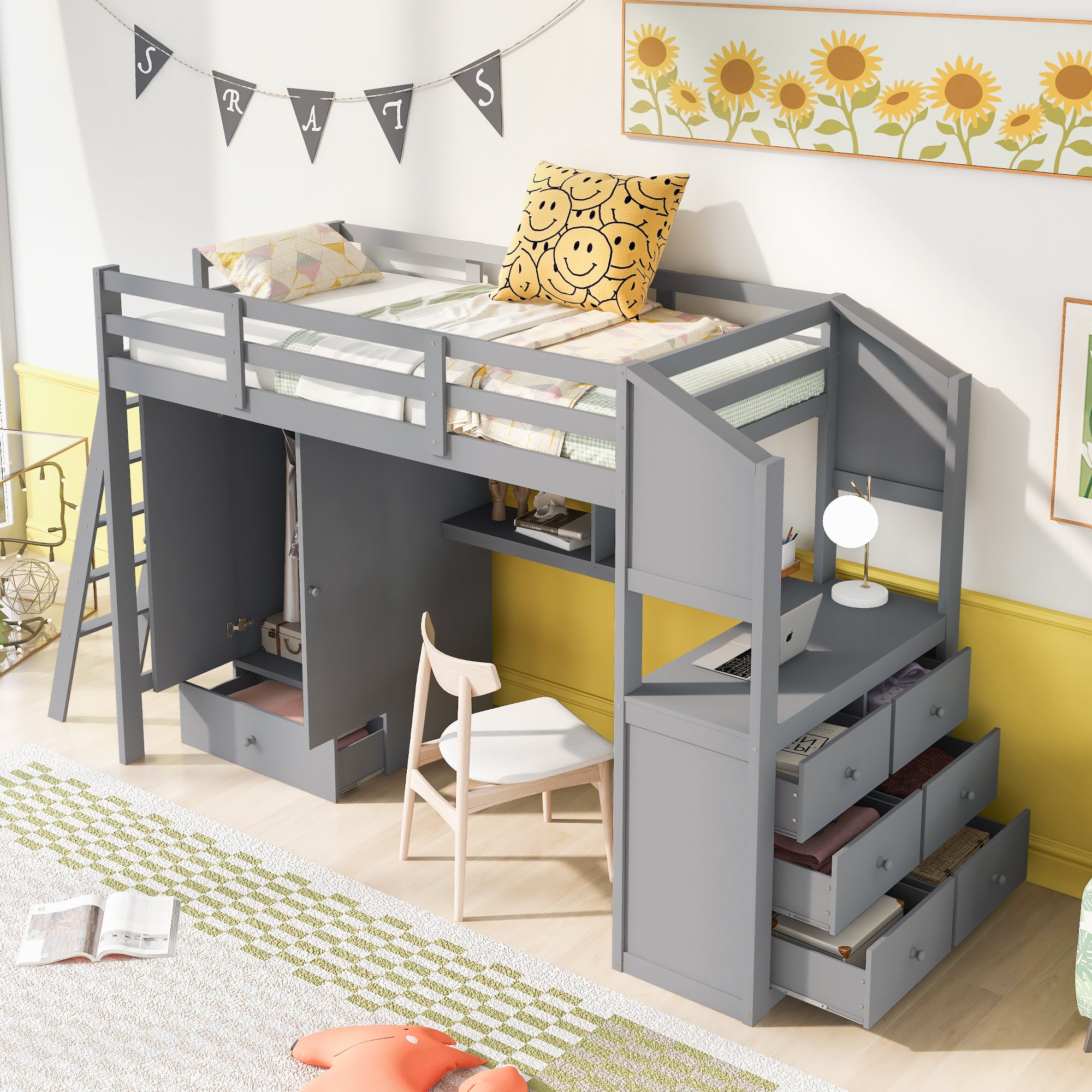 Royard Oaktree Twin Size Loft Bed with Wardrobe and Drawers Wood Loft Bed Frame with Built-in Desk with Shelves