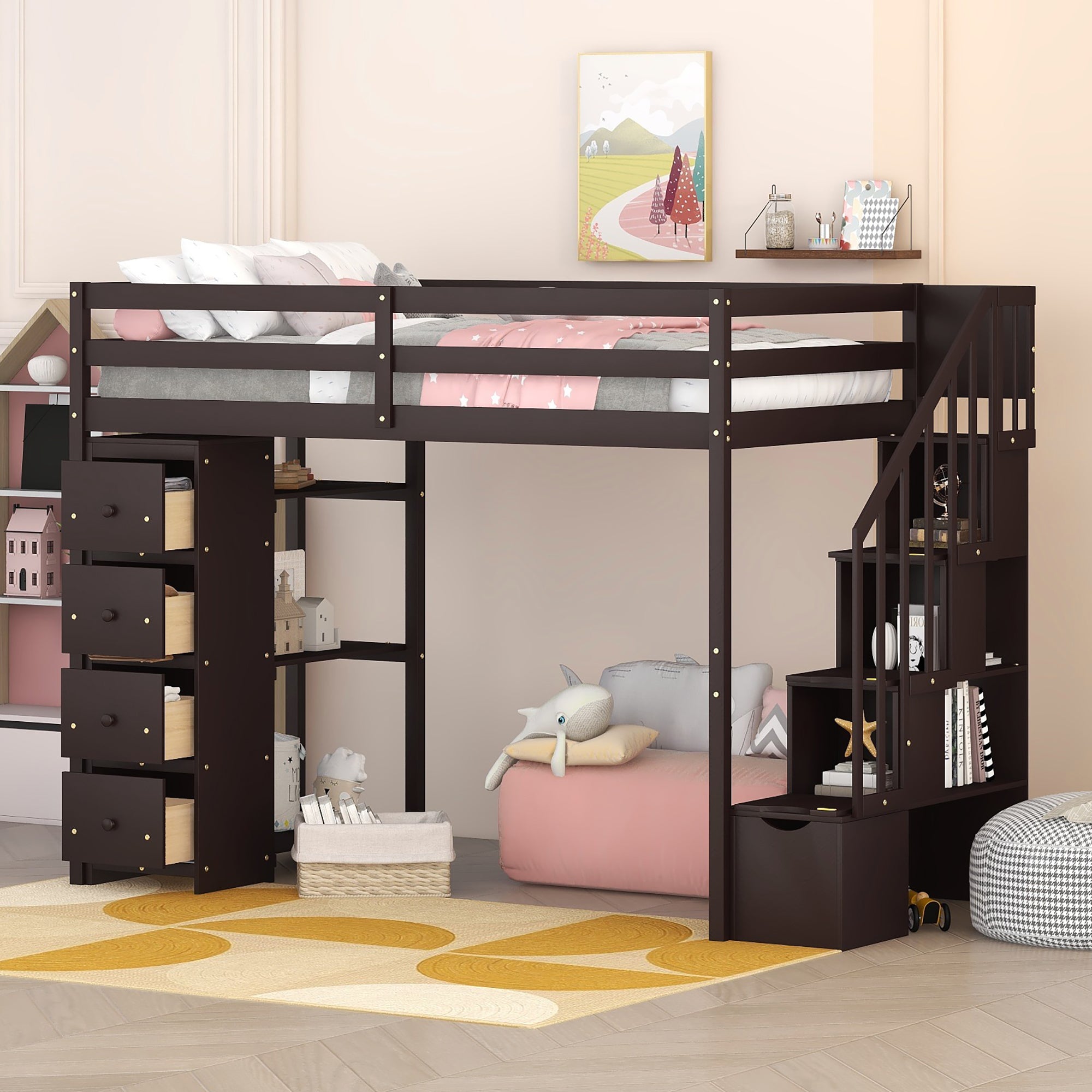 Royard Oaktree Twin Size Loft Bed with 4 Drawers and Shelves Wooden Loft Bed Frame with Guardrail and Storage Stairs for Kids Boys Girls Teens, No Box Spring Needed