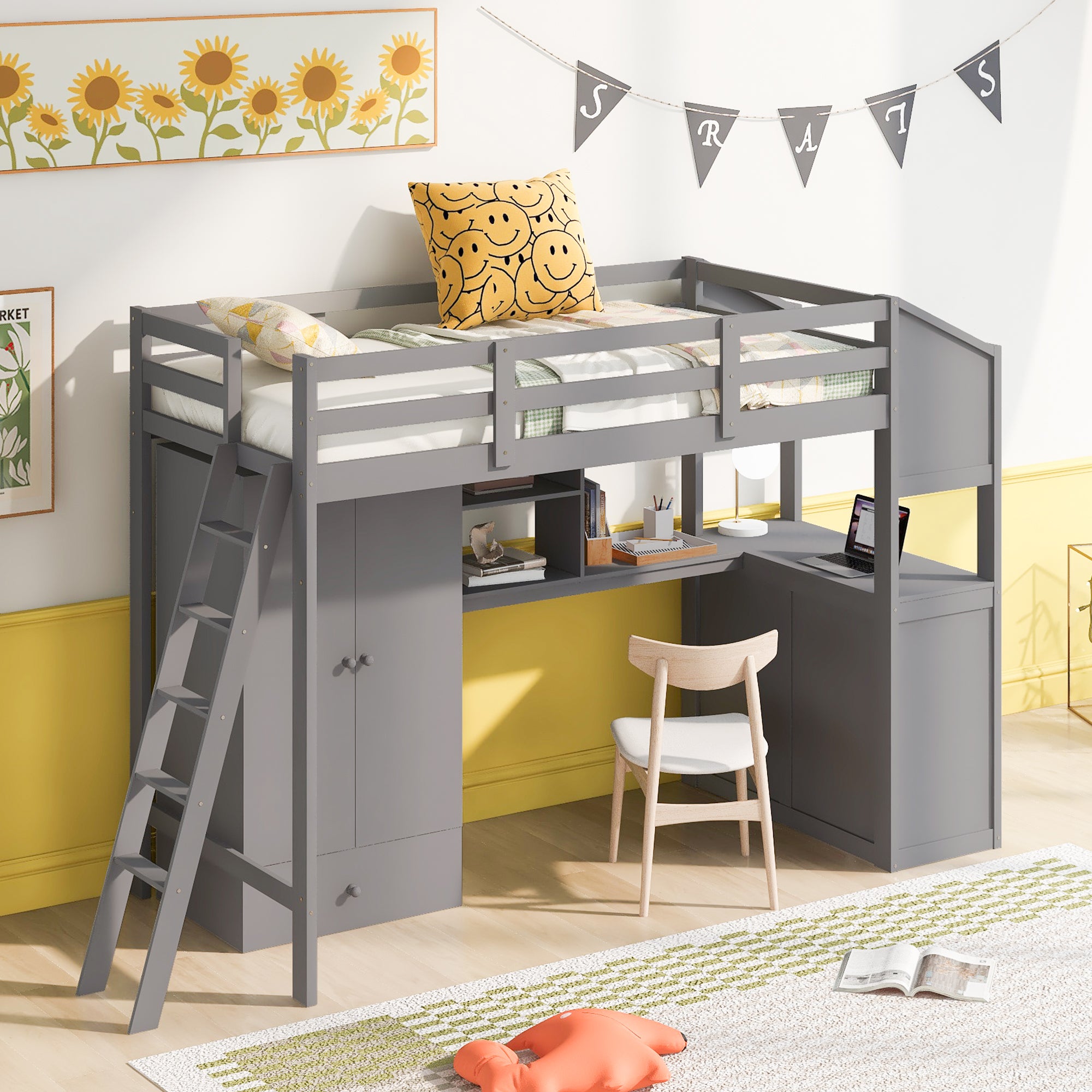 Royard Oaktree Twin Size Loft Bed with Wardrobe and Drawers Wood Loft Bed Frame with Built-in Desk with Shelves