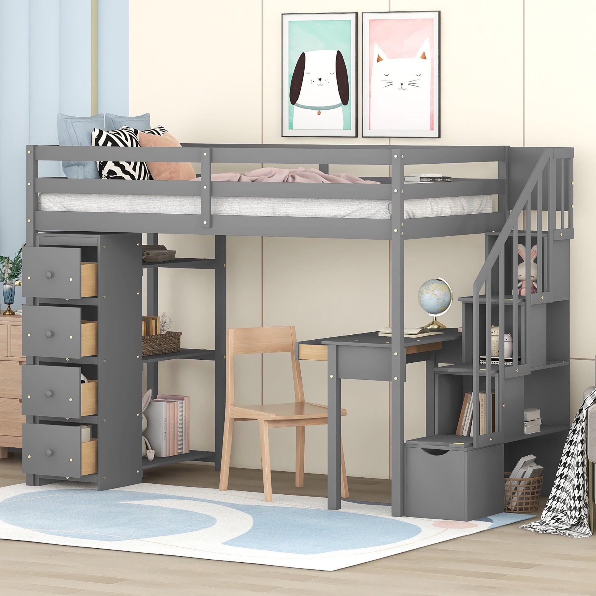 Royard Oaktree Twin Size Loft Bed with Built-in Desk Drawers and Shelves Wooden Loft Bed Frame with Guardrail and Storage Stairs for Kids Boys Girls Teens, No Box Spring Needed