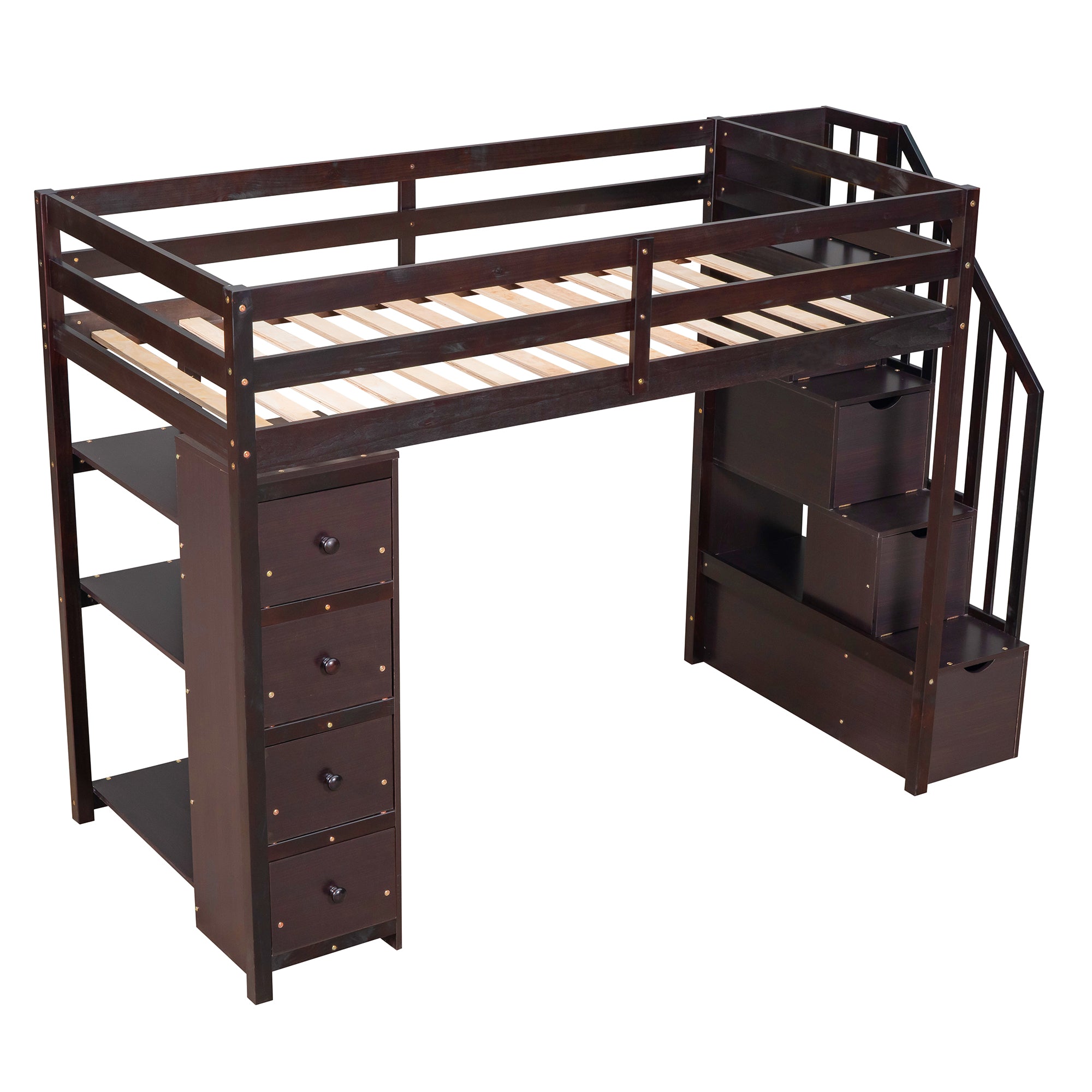 Royard Oaktree Twin Size Loft Bed with 4 Drawers and Shelves Wooden Loft Bed Frame with Guardrail and Storage Stairs for Kids Boys Girls Teens, No Box Spring Needed