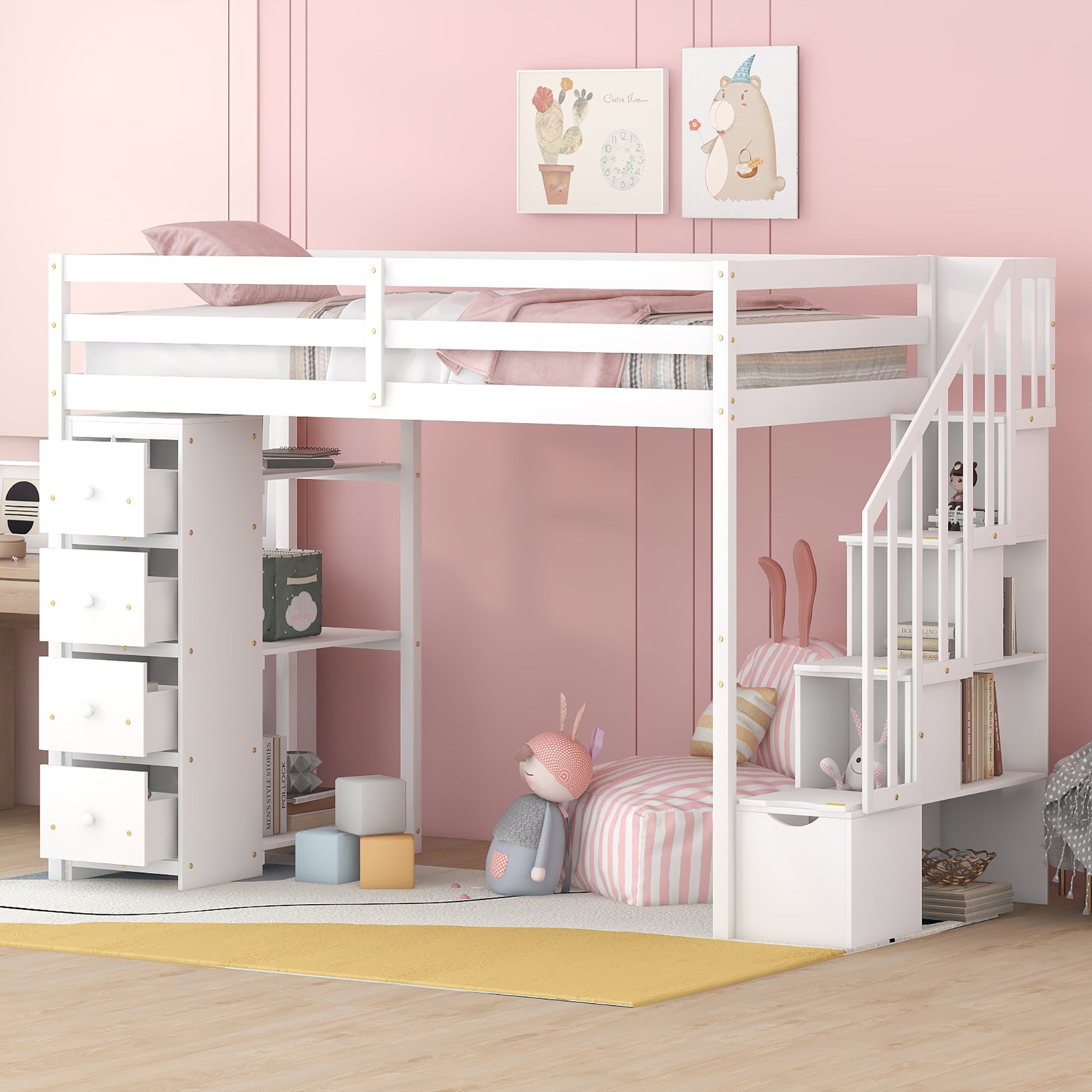 Royard Oaktree Twin Size Loft Bed with 4 Drawers and Shelves Wooden Loft Bed Frame with Guardrail and Storage Stairs for Kids Boys Girls Teens, No Box Spring Needed