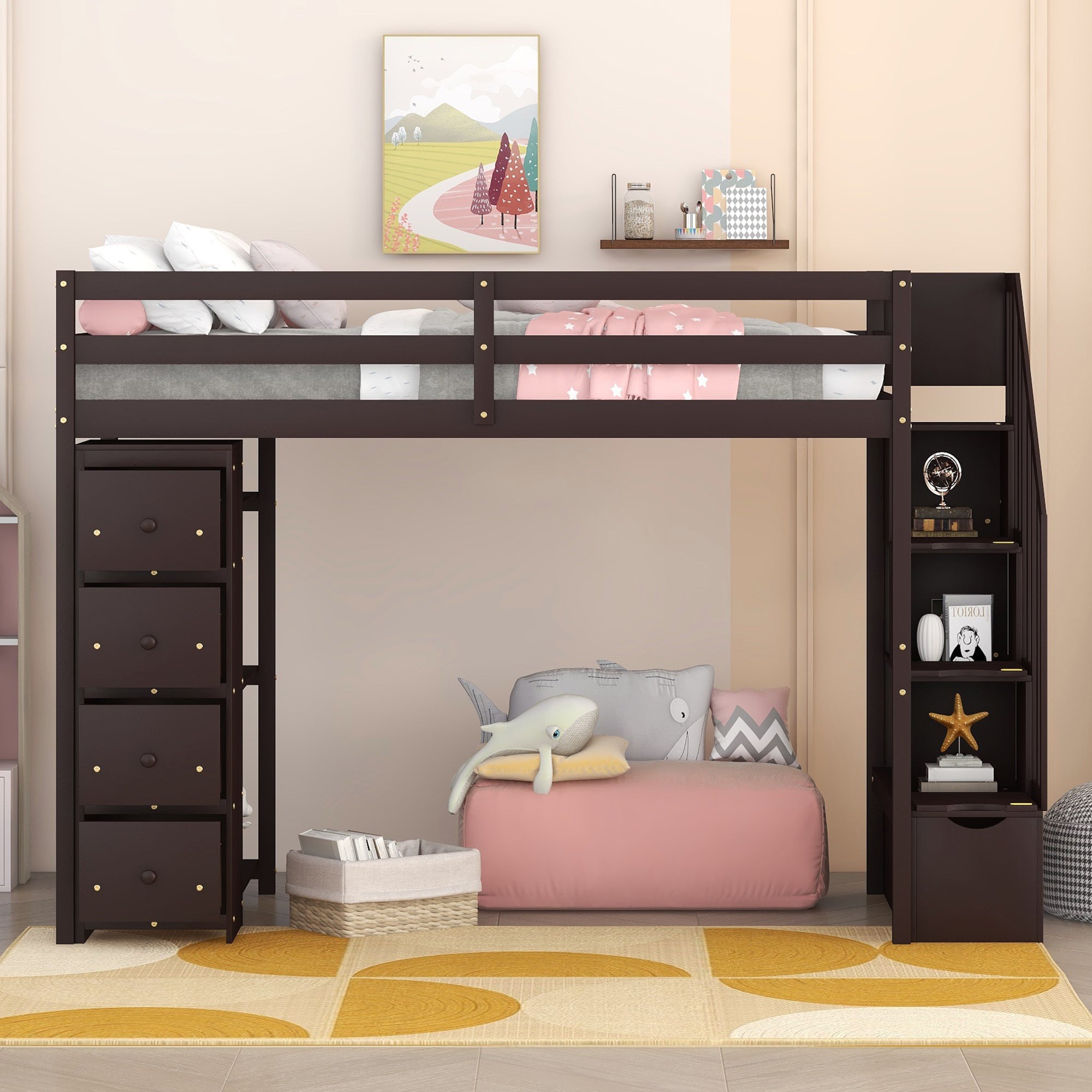 Royard Oaktree Twin Size Loft Bed with 4 Drawers and Shelves Wooden Loft Bed Frame with Guardrail and Storage Stairs for Kids Boys Girls Teens, No Box Spring Needed