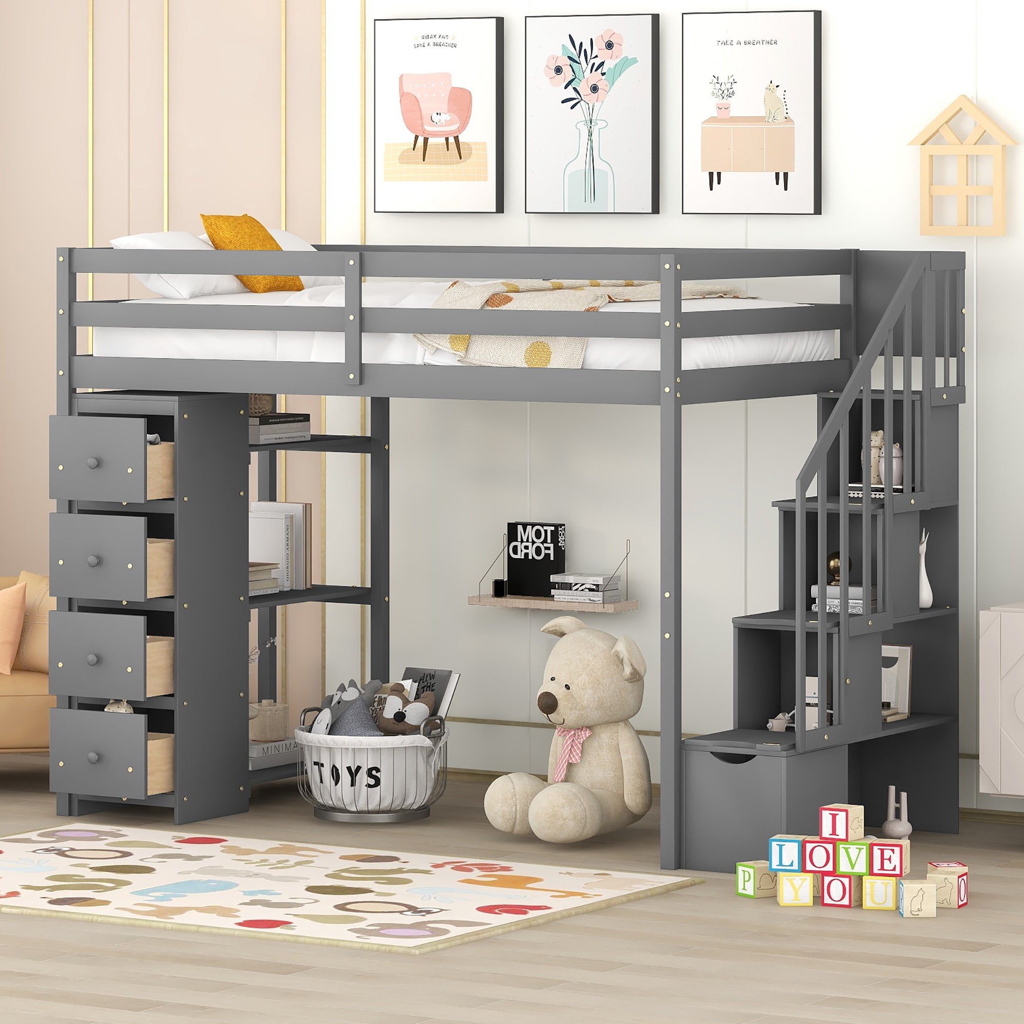 Royard Oaktree Twin Size Loft Bed with 4 Drawers and Shelves Wooden Loft Bed Frame with Guardrail and Storage Stairs for Kids Boys Girls Teens, No Box Spring Needed