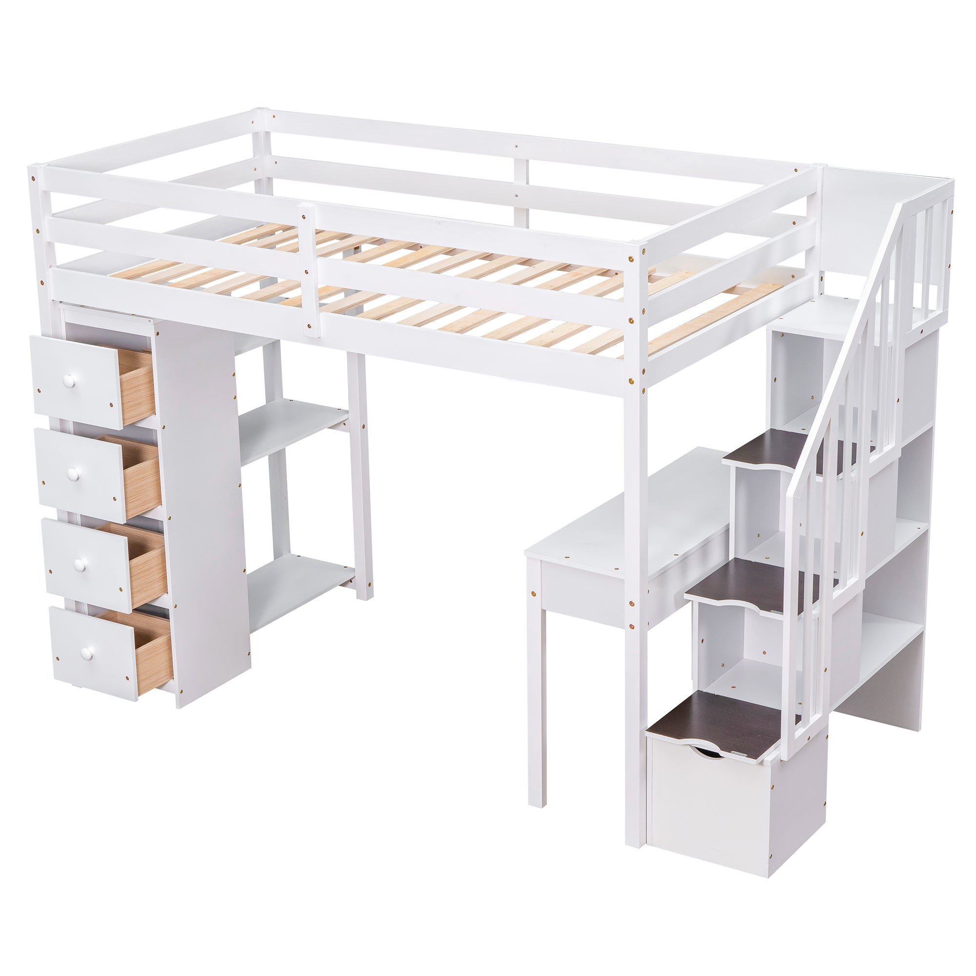 Royard Oaktree Twin Size Loft Bed with Built-in Desk Drawers and Shelves Wooden Loft Bed Frame with Guardrail and Storage Stairs for Kids Boys Girls Teens, No Box Spring Needed