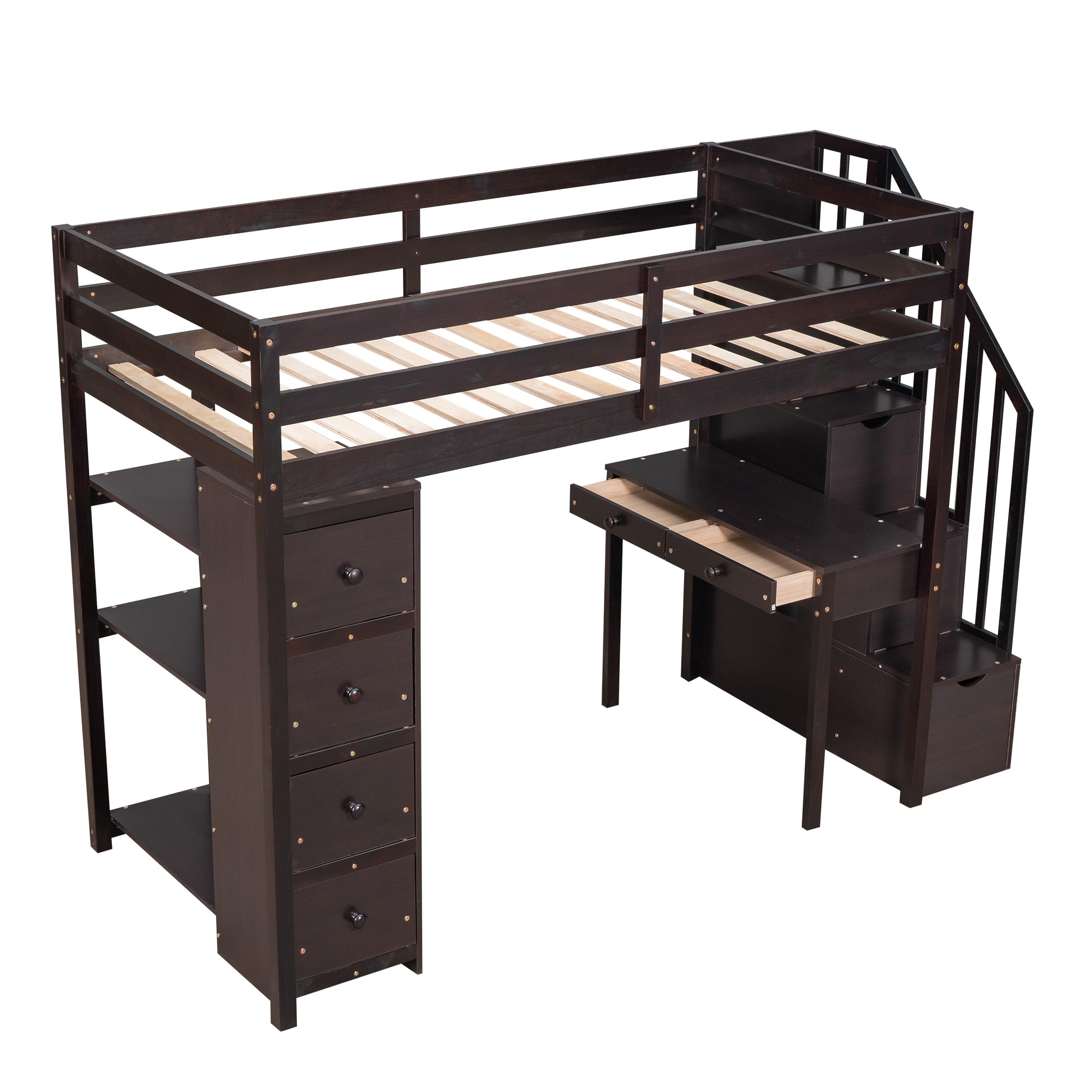 Royard Oaktree Twin Size Loft Bed with Built-in Desk Drawers and Shelves Wooden Loft Bed Frame with Guardrail and Storage Stairs for Kids Boys Girls Teens, No Box Spring Needed