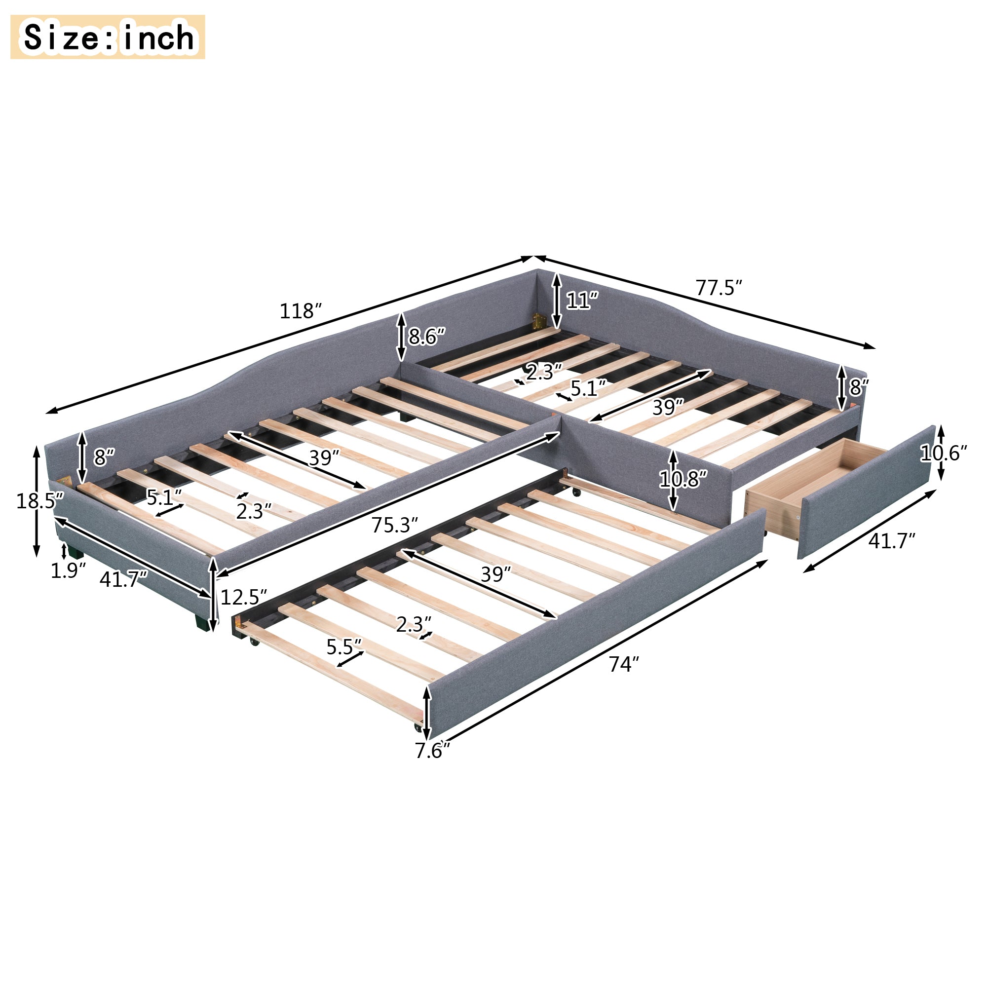 Upholstered Double Twin Size Daybed with Trundle and Drawer L-Shape Daybed Frame for Living Room Bedroom, Gray