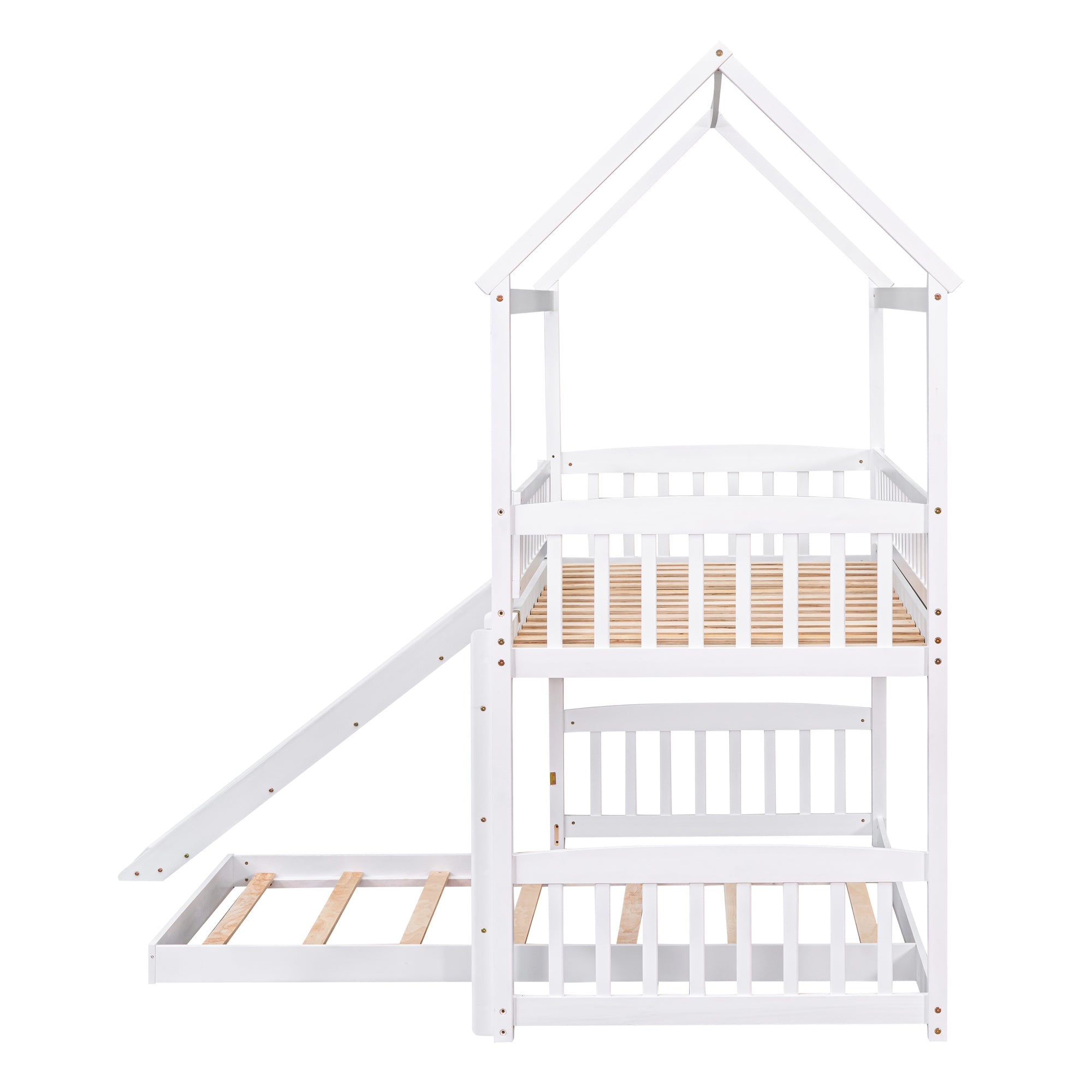 Royard Oaktree Twin Over Twin House Bunk Bed with Roof and Slide Wooden House Bed Frame with Guardrail and Ladder for Kids Boys Girls Teens, No Box Spring Needed