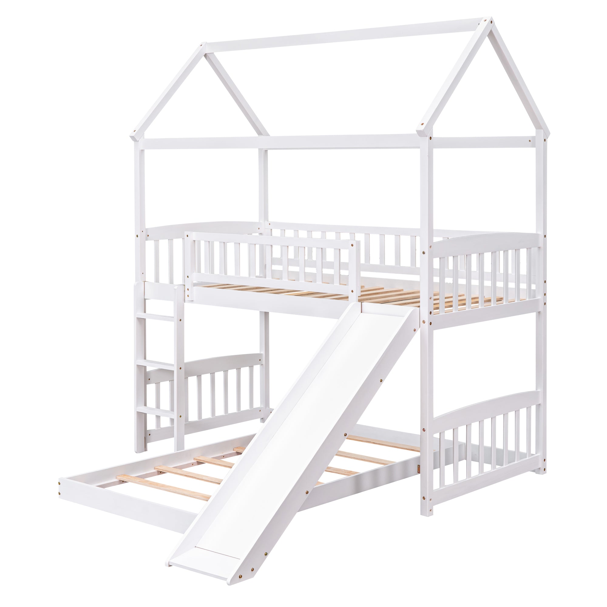 Royard Oaktree Twin Over Twin House Bunk Bed with Roof and Slide Wooden House Bed Frame with Guardrail and Ladder for Kids Boys Girls Teens, No Box Spring Needed