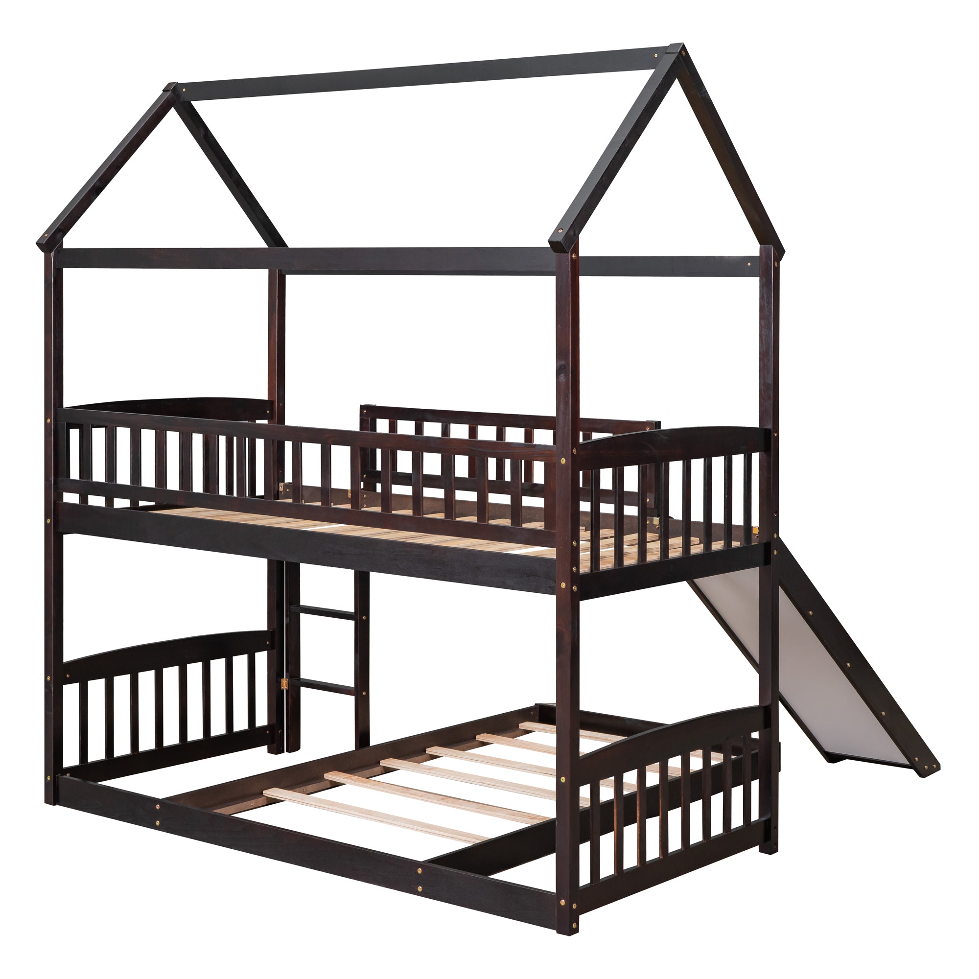 Royard Oaktree Twin Over Twin House Bunk Bed with Roof and Slide Wooden House Bed Frame with Guardrail and Ladder for Kids Boys Girls Teens, No Box Spring Needed