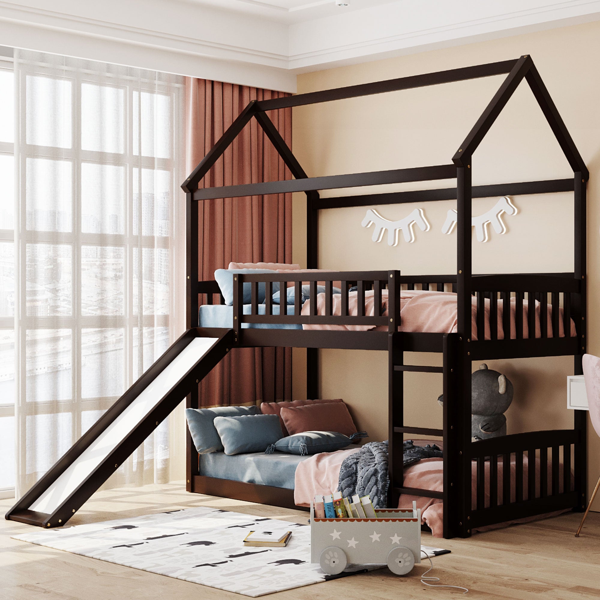 Royard Oaktree Twin Over Twin House Bunk Bed with Roof and Slide Wooden House Bed Frame with Guardrail and Ladder for Kids Boys Girls Teens, No Box Spring Needed