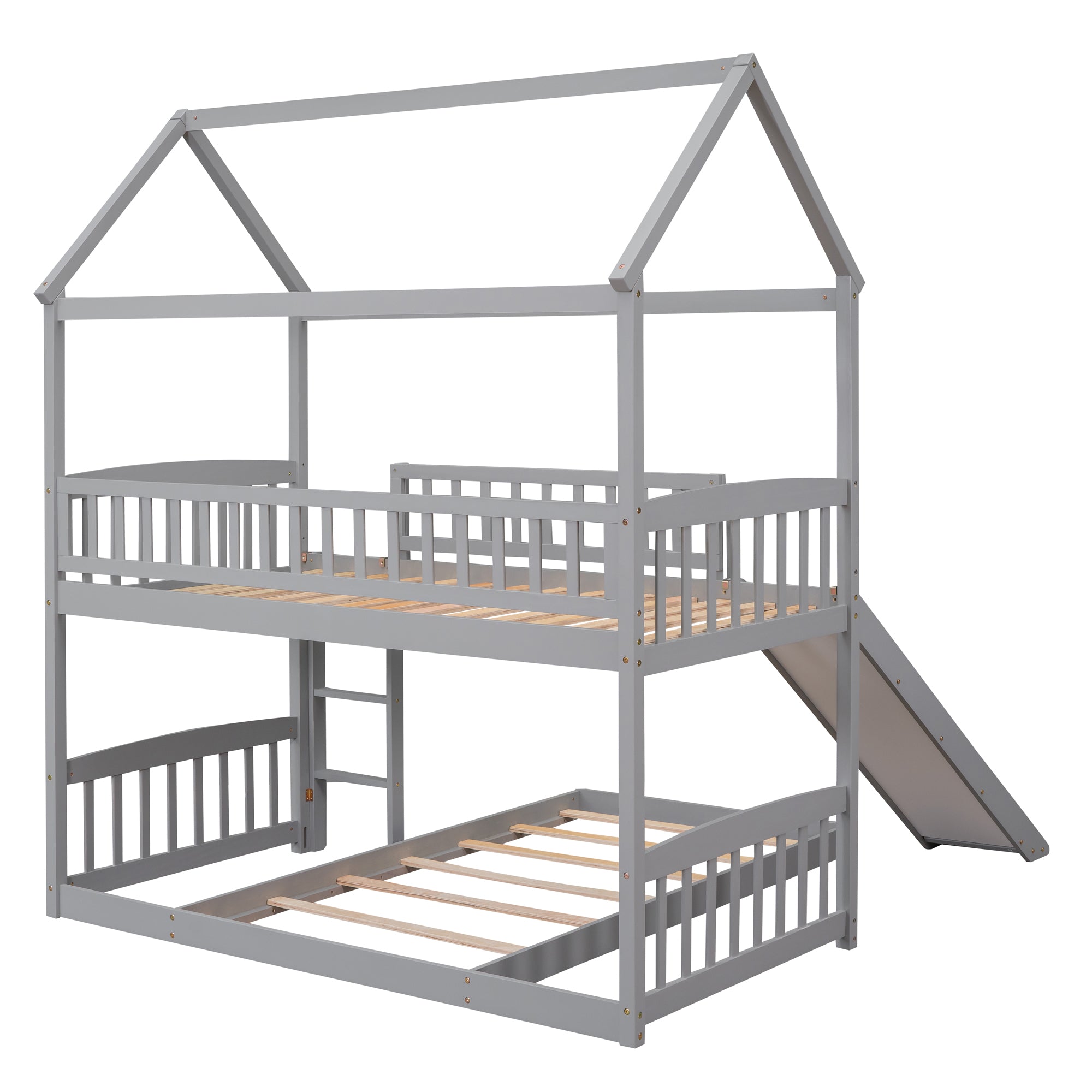 Royard Oaktree Twin Over Twin House Bunk Bed with Roof and Slide Wooden House Bed Frame with Guardrail and Ladder for Kids Boys Girls Teens, No Box Spring Needed