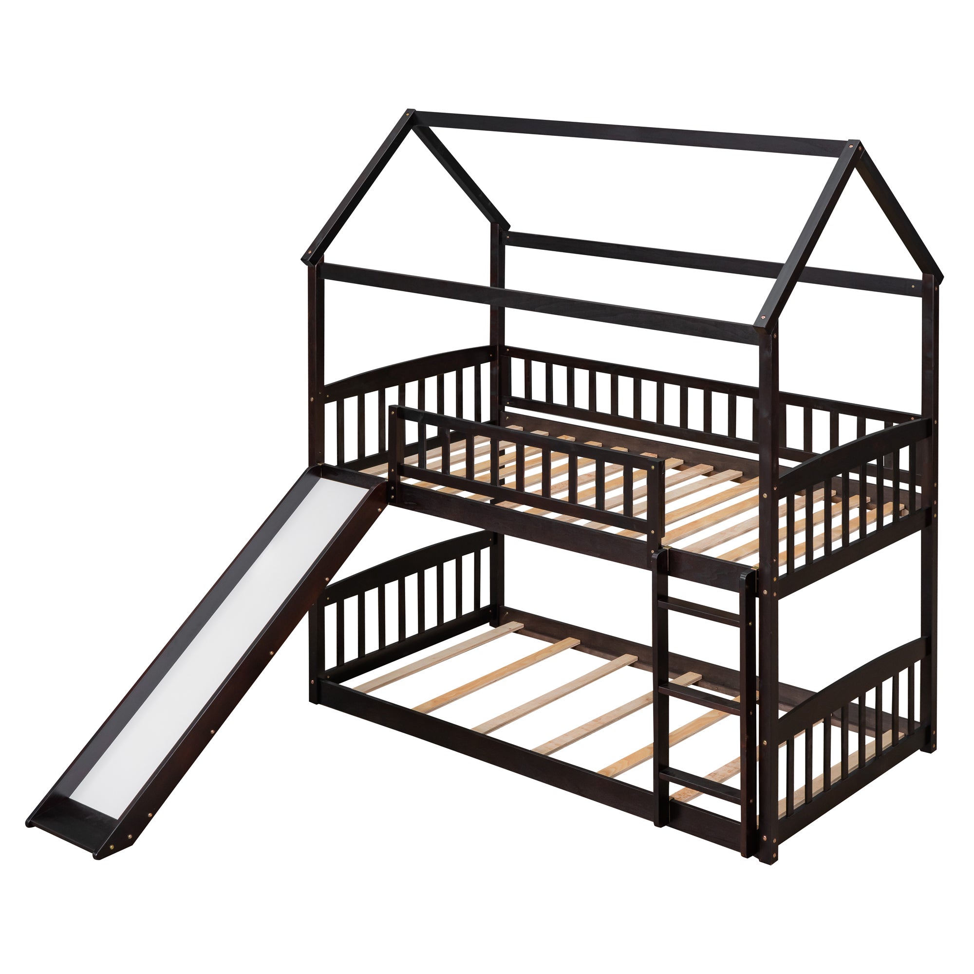 Royard Oaktree Twin Over Twin House Bunk Bed with Roof and Slide Wooden House Bed Frame with Guardrail and Ladder for Kids Boys Girls Teens, No Box Spring Needed