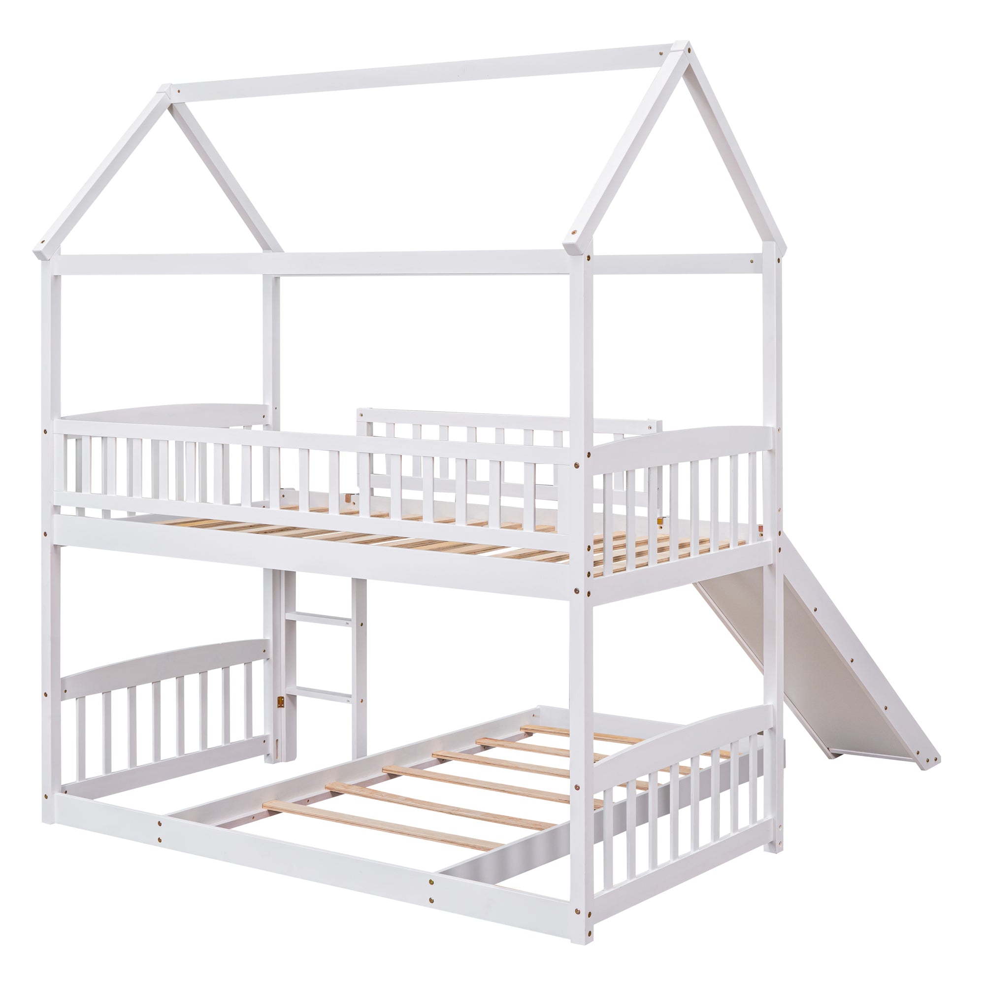 Royard Oaktree Twin Over Twin House Bunk Bed with Roof and Slide Wooden House Bed Frame with Guardrail and Ladder for Kids Boys Girls Teens, No Box Spring Needed