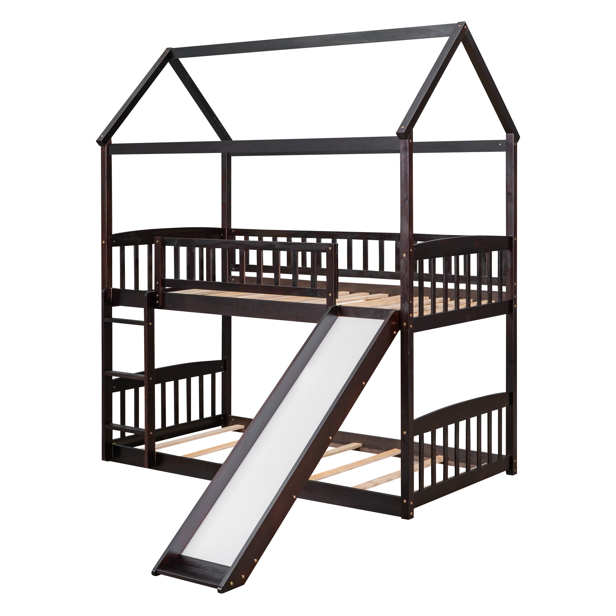 Royard Oaktree Twin Over Twin House Bunk Bed with Roof and Slide Wooden House Bed Frame with Guardrail and Ladder for Kids Boys Girls Teens, No Box Spring Needed