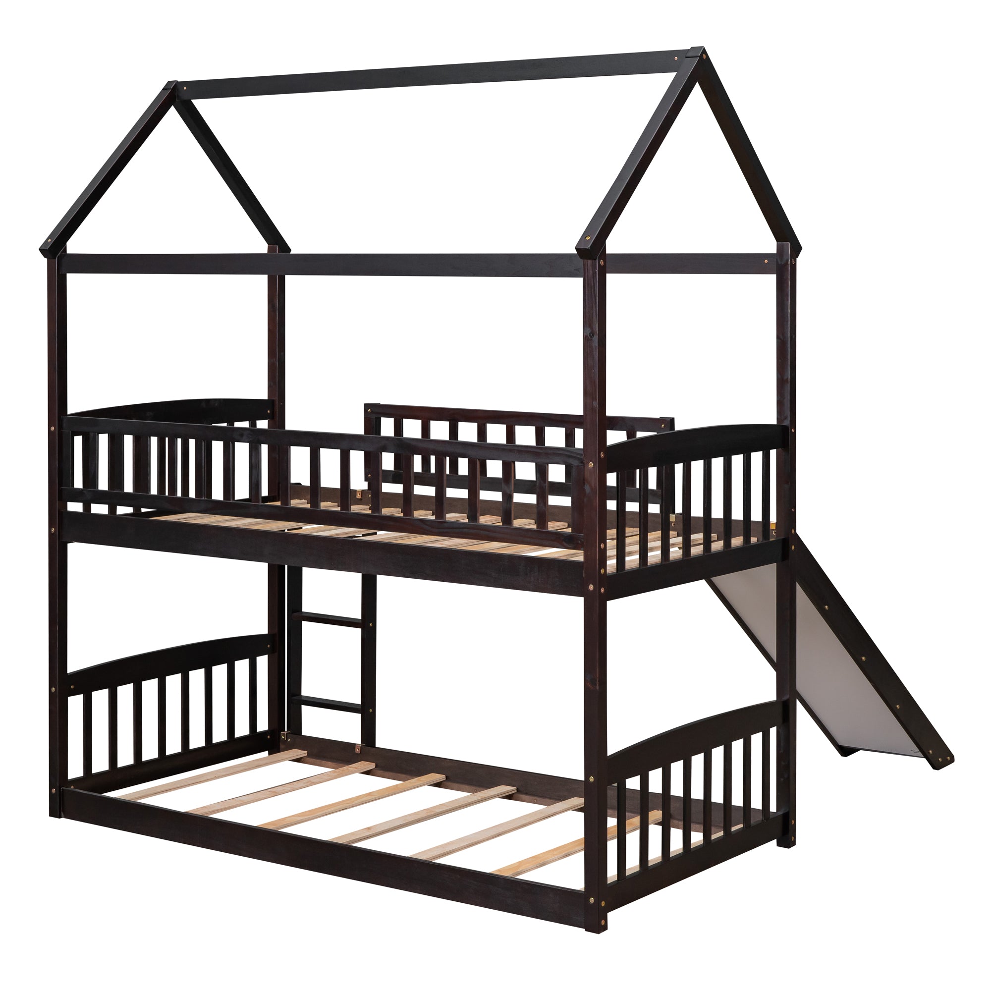 Royard Oaktree Twin Over Twin House Bunk Bed with Roof and Slide Wooden House Bed Frame with Guardrail and Ladder for Kids Boys Girls Teens, No Box Spring Needed