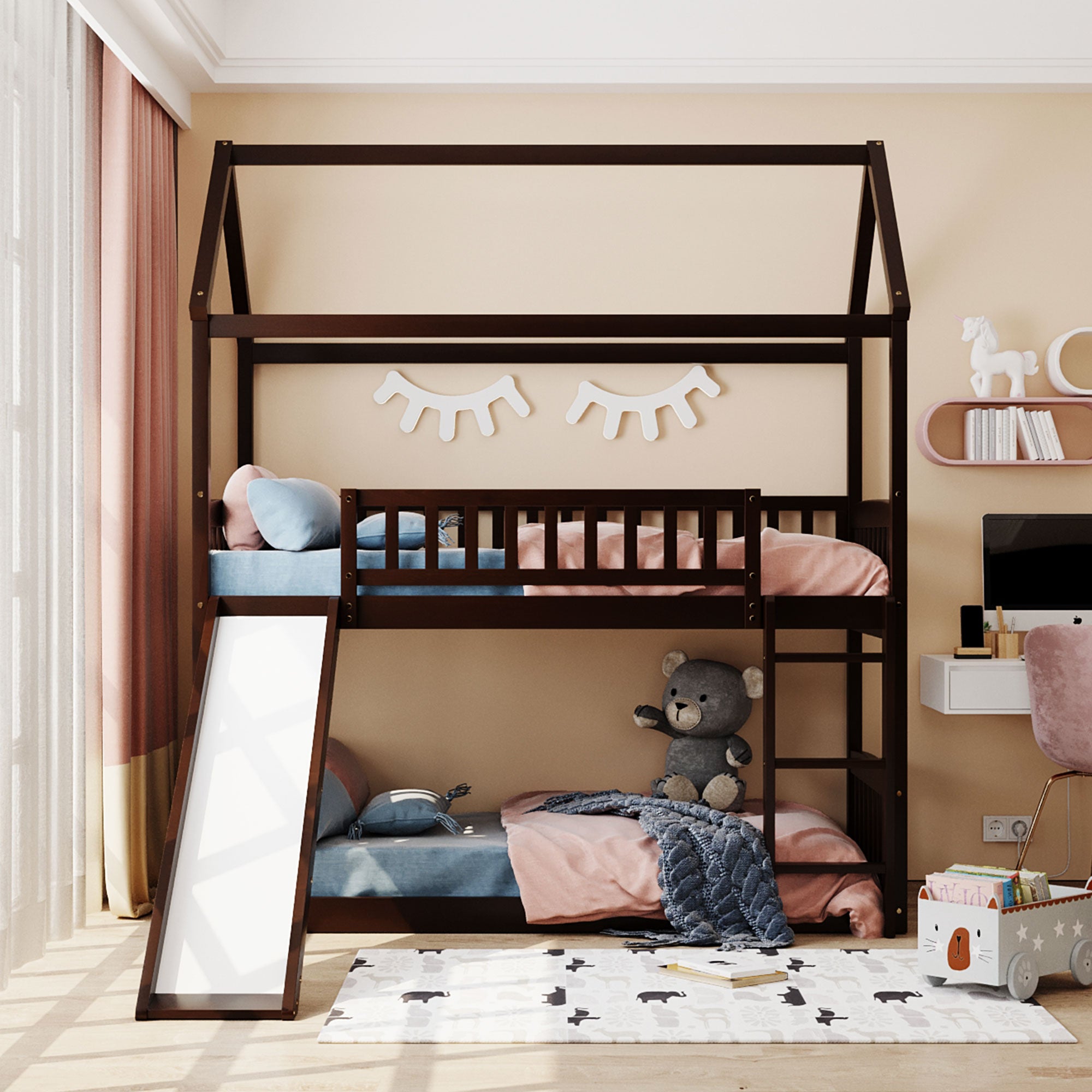 Royard Oaktree Twin Over Twin House Bunk Bed with Roof and Slide Wooden House Bed Frame with Guardrail and Ladder for Kids Boys Girls Teens, No Box Spring Needed