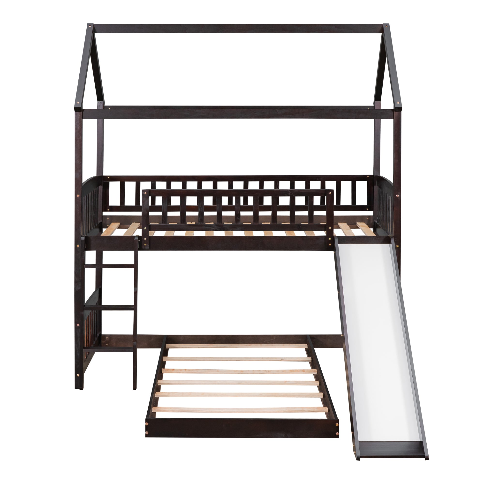 Royard Oaktree Twin Over Twin House Bunk Bed with Roof and Slide Wooden House Bed Frame with Guardrail and Ladder for Kids Boys Girls Teens, No Box Spring Needed