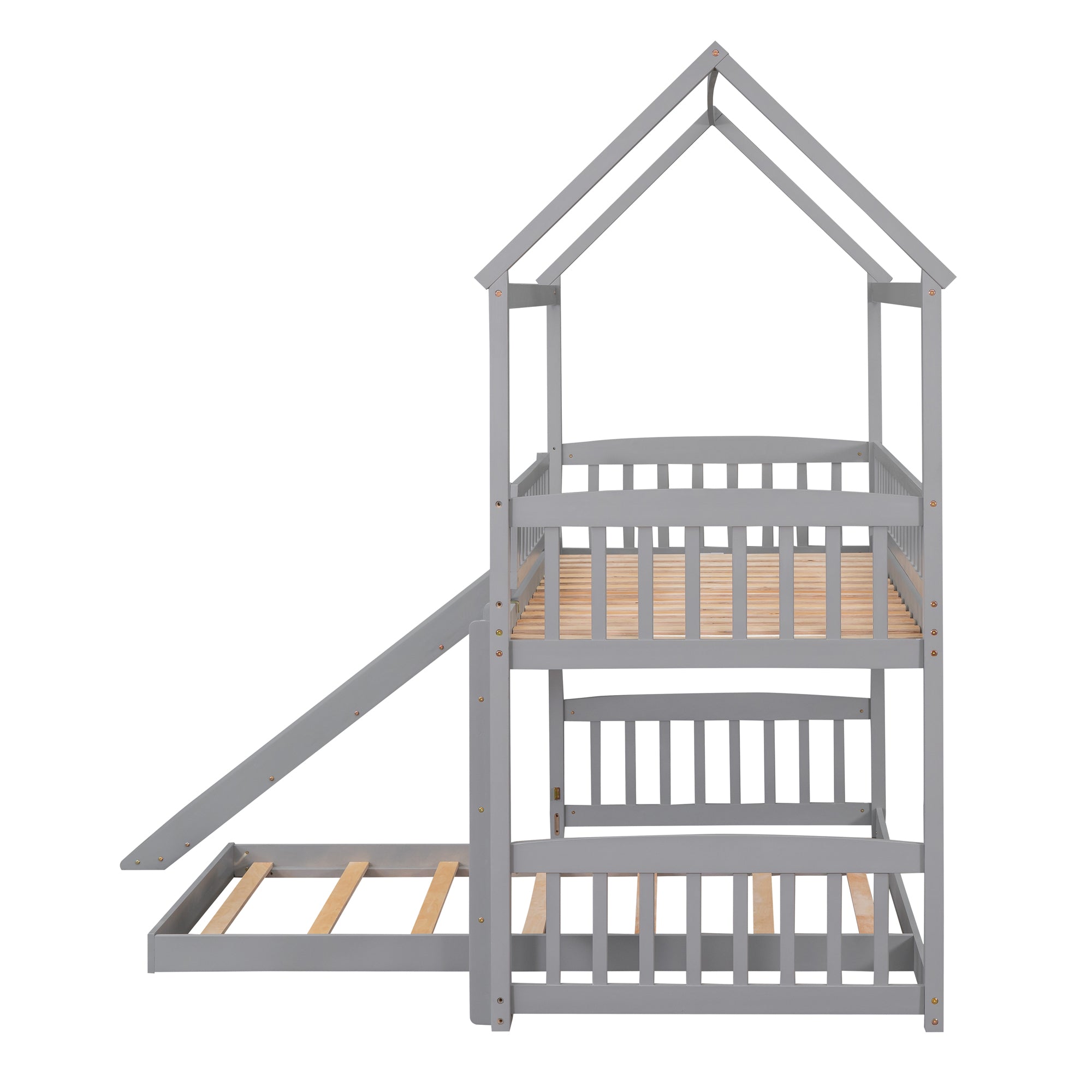 Royard Oaktree Twin Over Twin House Bunk Bed with Roof and Slide Wooden House Bed Frame with Guardrail and Ladder for Kids Boys Girls Teens, No Box Spring Needed