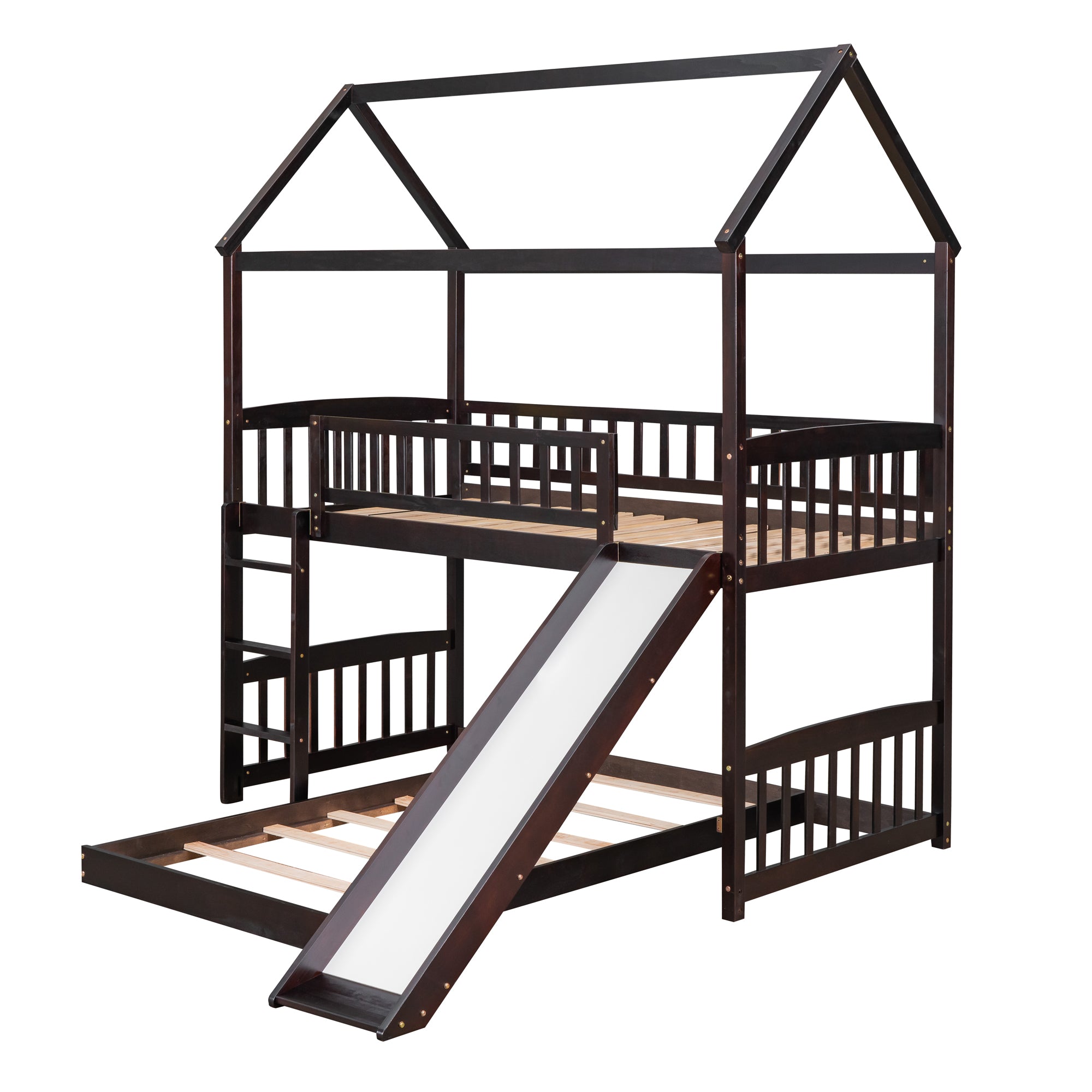 Royard Oaktree Twin Over Twin House Bunk Bed with Roof and Slide Wooden House Bed Frame with Guardrail and Ladder for Kids Boys Girls Teens, No Box Spring Needed