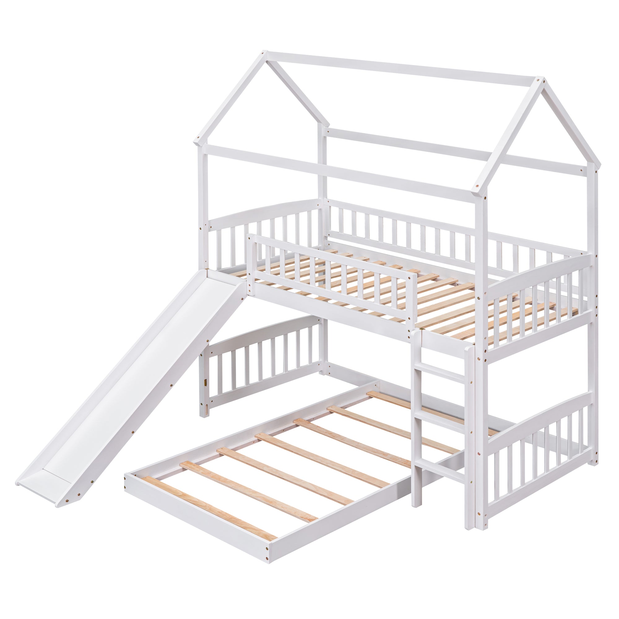 Royard Oaktree Twin Over Twin House Bunk Bed with Roof and Slide Wooden House Bed Frame with Guardrail and Ladder for Kids Boys Girls Teens, No Box Spring Needed