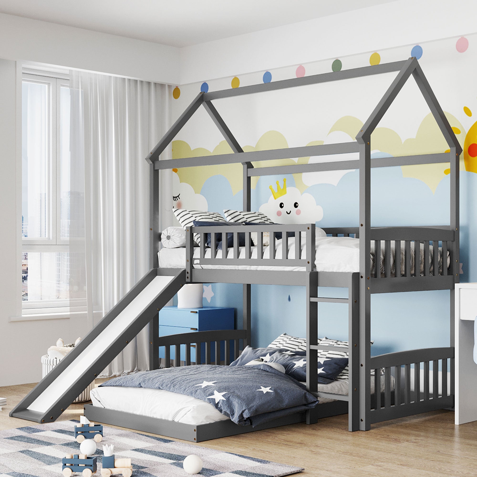 Royard Oaktree Twin Over Twin House Bunk Bed with Roof and Slide Wooden House Bed Frame with Guardrail and Ladder for Kids Boys Girls Teens, No Box Spring Needed