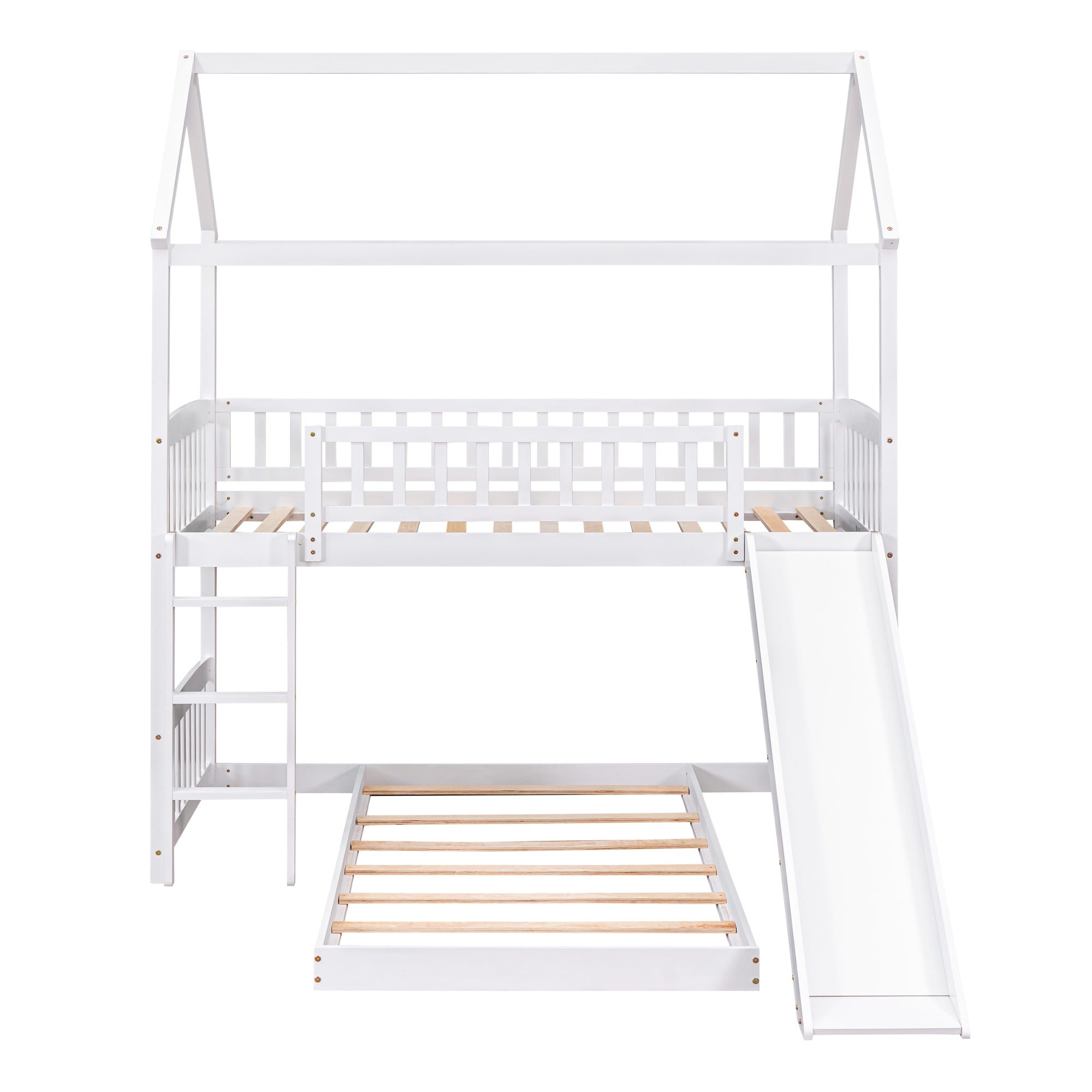 Royard Oaktree Twin Over Twin House Bunk Bed with Roof and Slide Wooden House Bed Frame with Guardrail and Ladder for Kids Boys Girls Teens, No Box Spring Needed