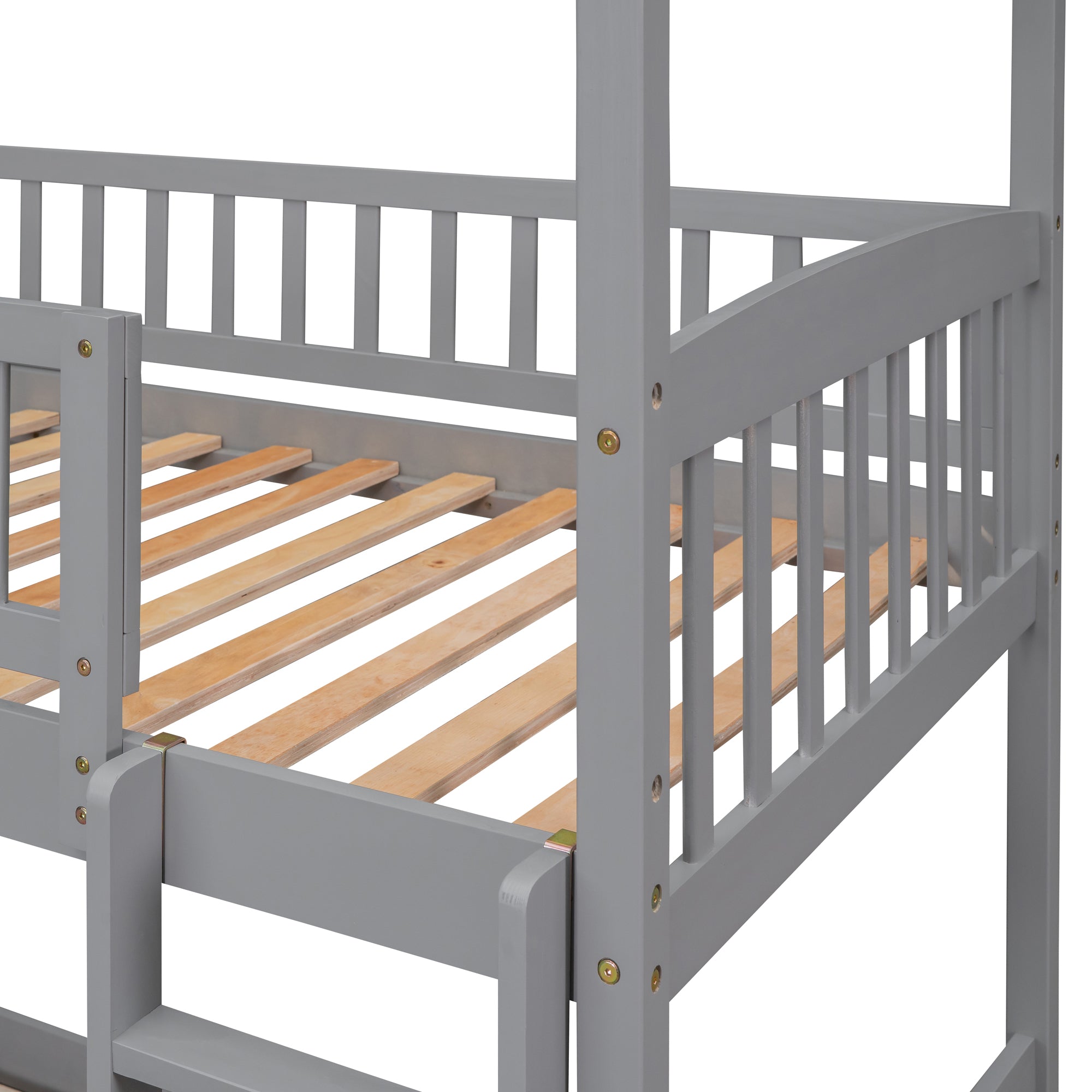 Royard Oaktree Twin Over Twin House Bunk Bed with Roof and Slide Wooden House Bed Frame with Guardrail and Ladder for Kids Boys Girls Teens, No Box Spring Needed