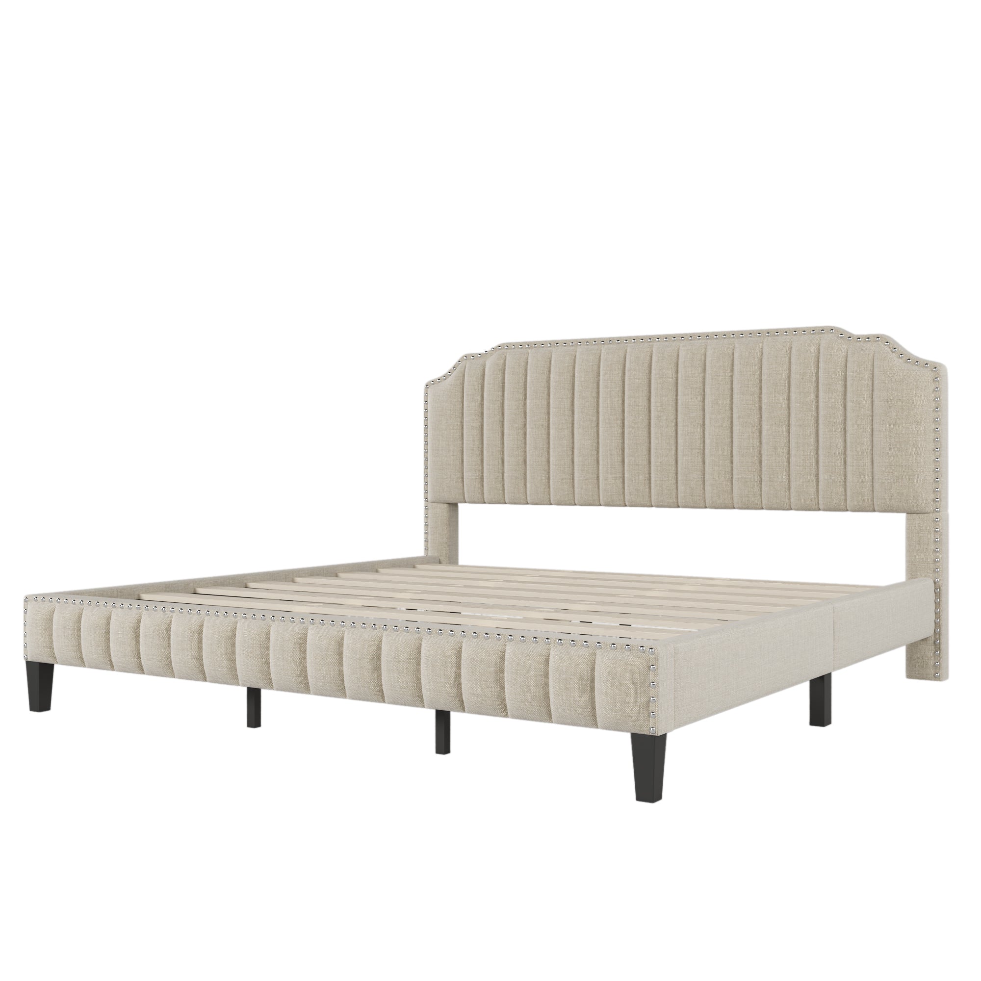 Royard Oaktree Platform Bed Frame Tufted Curved Headboard Linen Upholstered Bed with Solid Wood Frame and Slats, Nailhead Trim, No Box Spring Needed