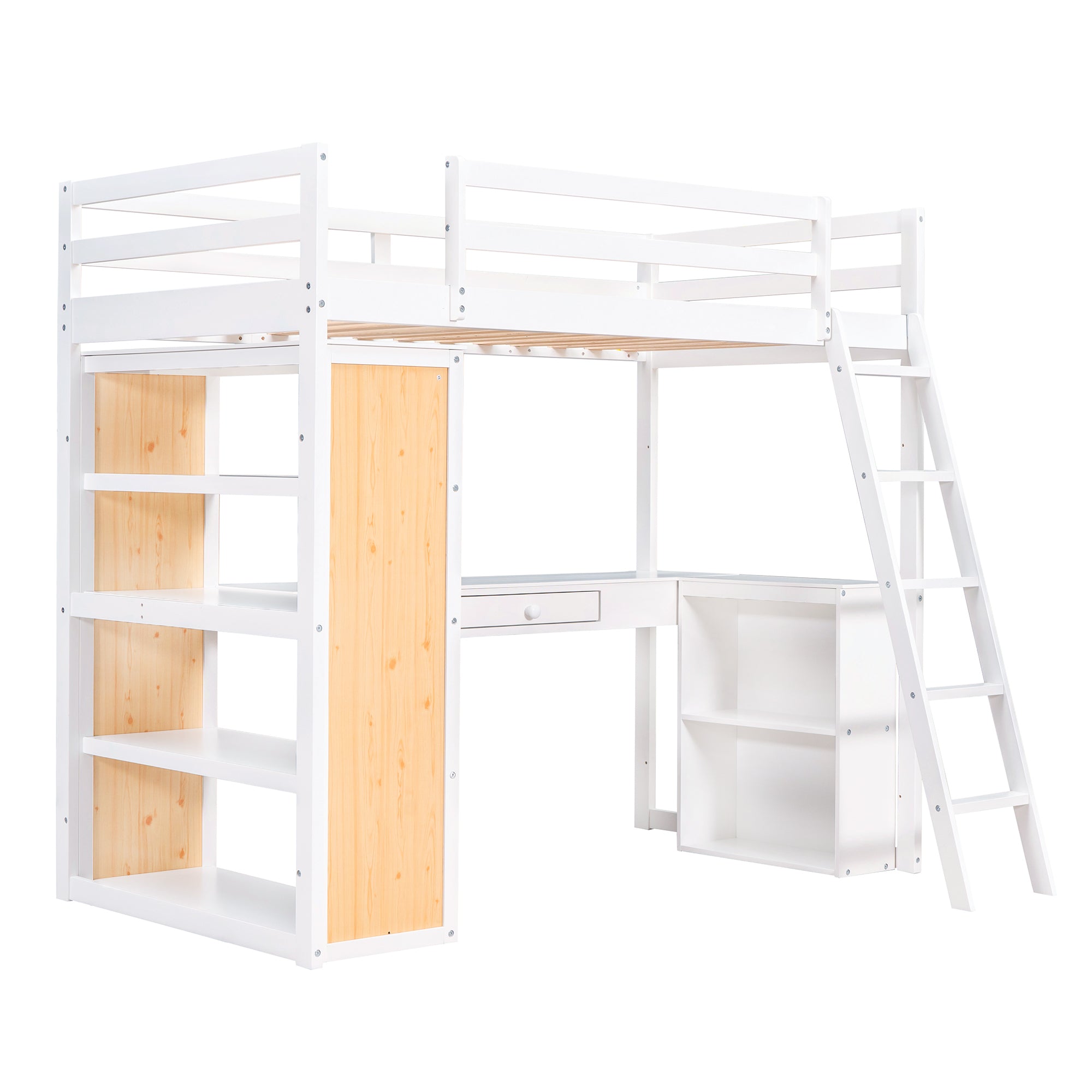 Royard Oaktree Twin Size Loft Bed with Built-in Desk and Shelves Wood Loft Bed Frame with Guardrail and Convertible Ladder