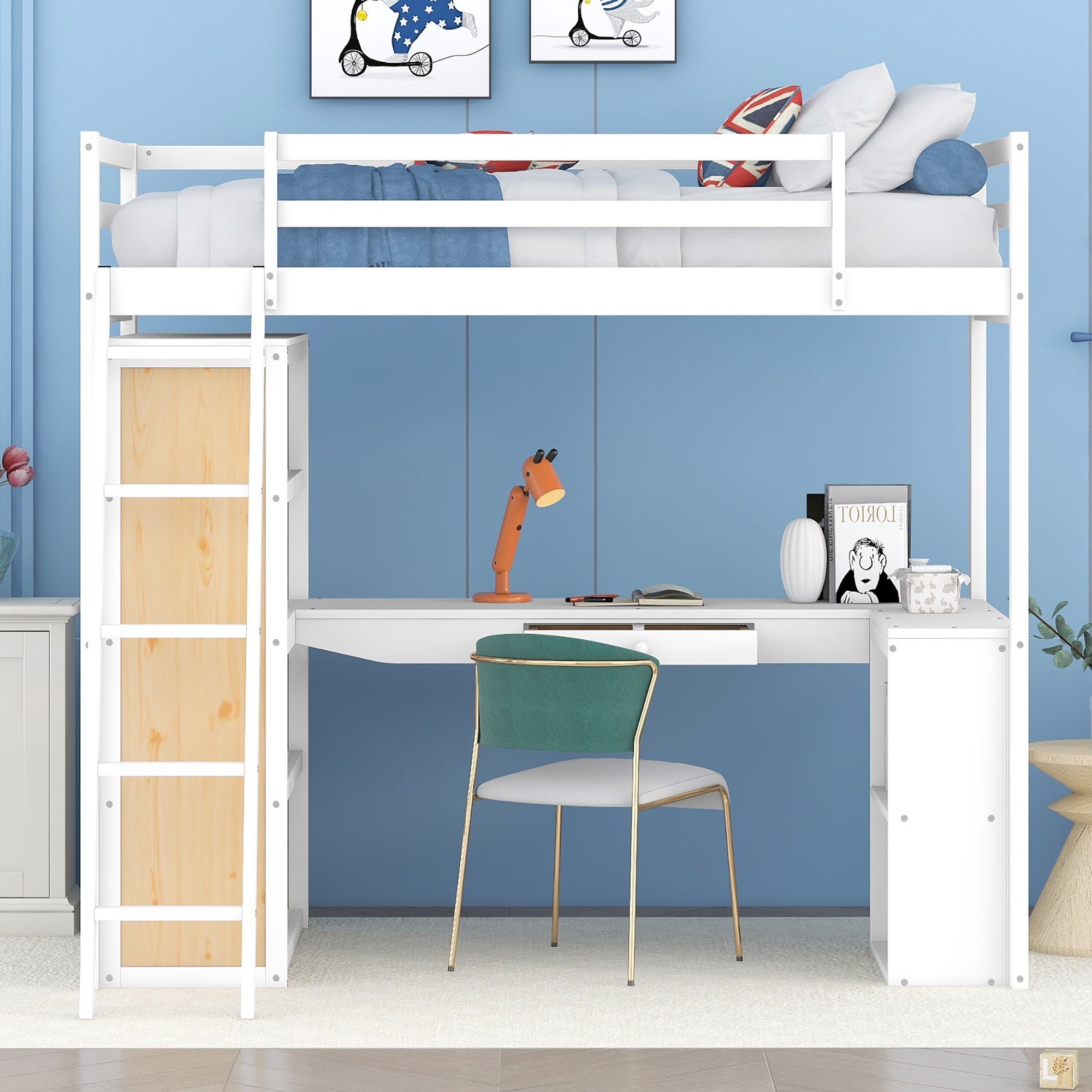 Royard Oaktree Twin Size Loft Bed with Built-in Desk and Shelves Wood Loft Bed Frame with Guardrail and Convertible Ladder