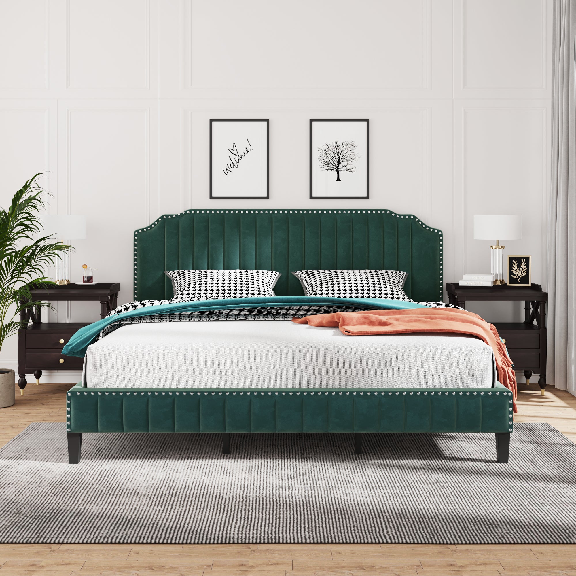 Royard Oaktree Platform Bed Frame Tufted Curved Headboard Linen Upholstered Bed with Solid Wood Frame and Slats, Nailhead Trim, No Box Spring Needed