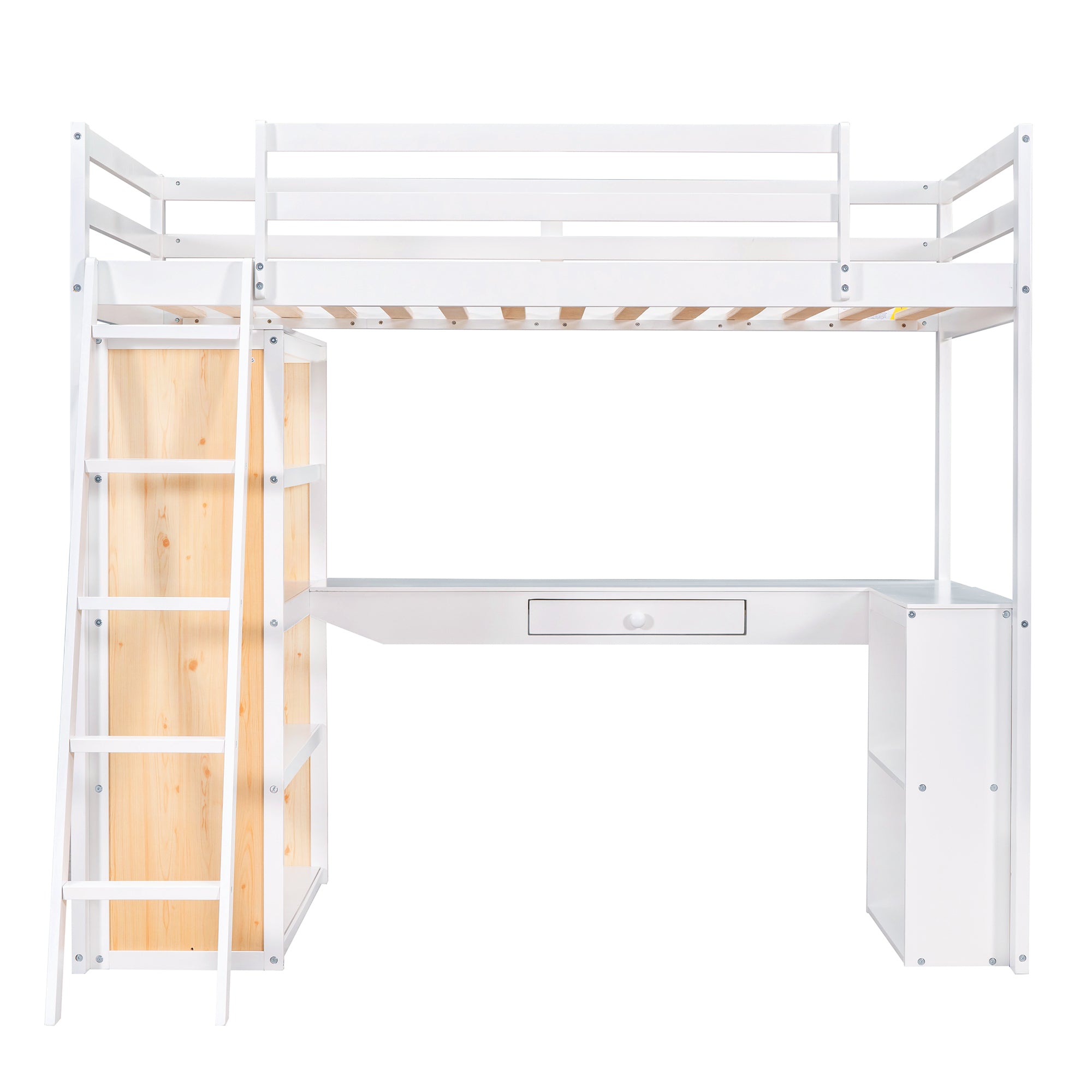 Royard Oaktree Twin Size Loft Bed with Built-in Desk and Shelves Wood Loft Bed Frame with Guardrail and Convertible Ladder