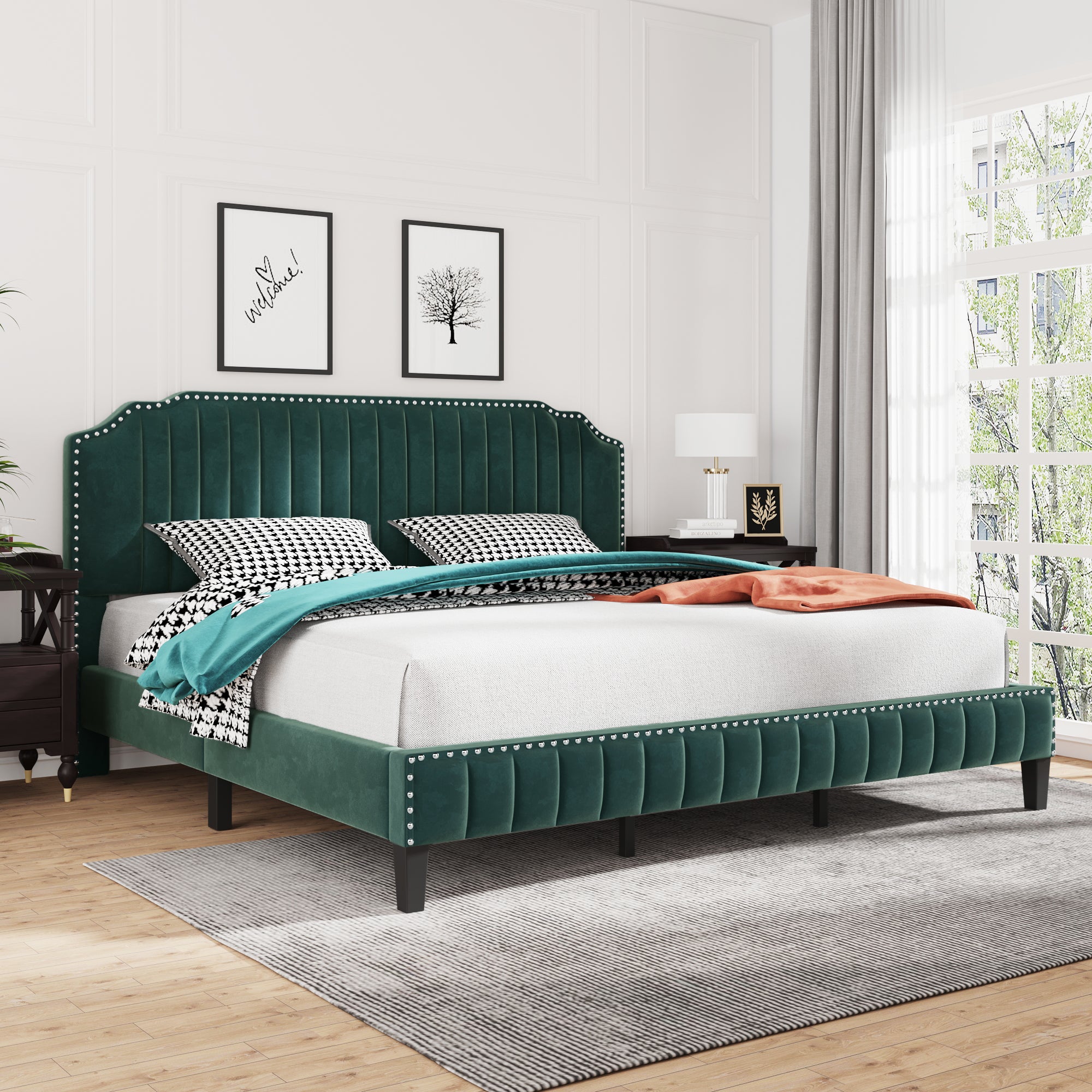 Royard Oaktree Platform Bed Frame Tufted Curved Headboard Linen Upholstered Bed with Solid Wood Frame and Slats, Nailhead Trim, No Box Spring Needed