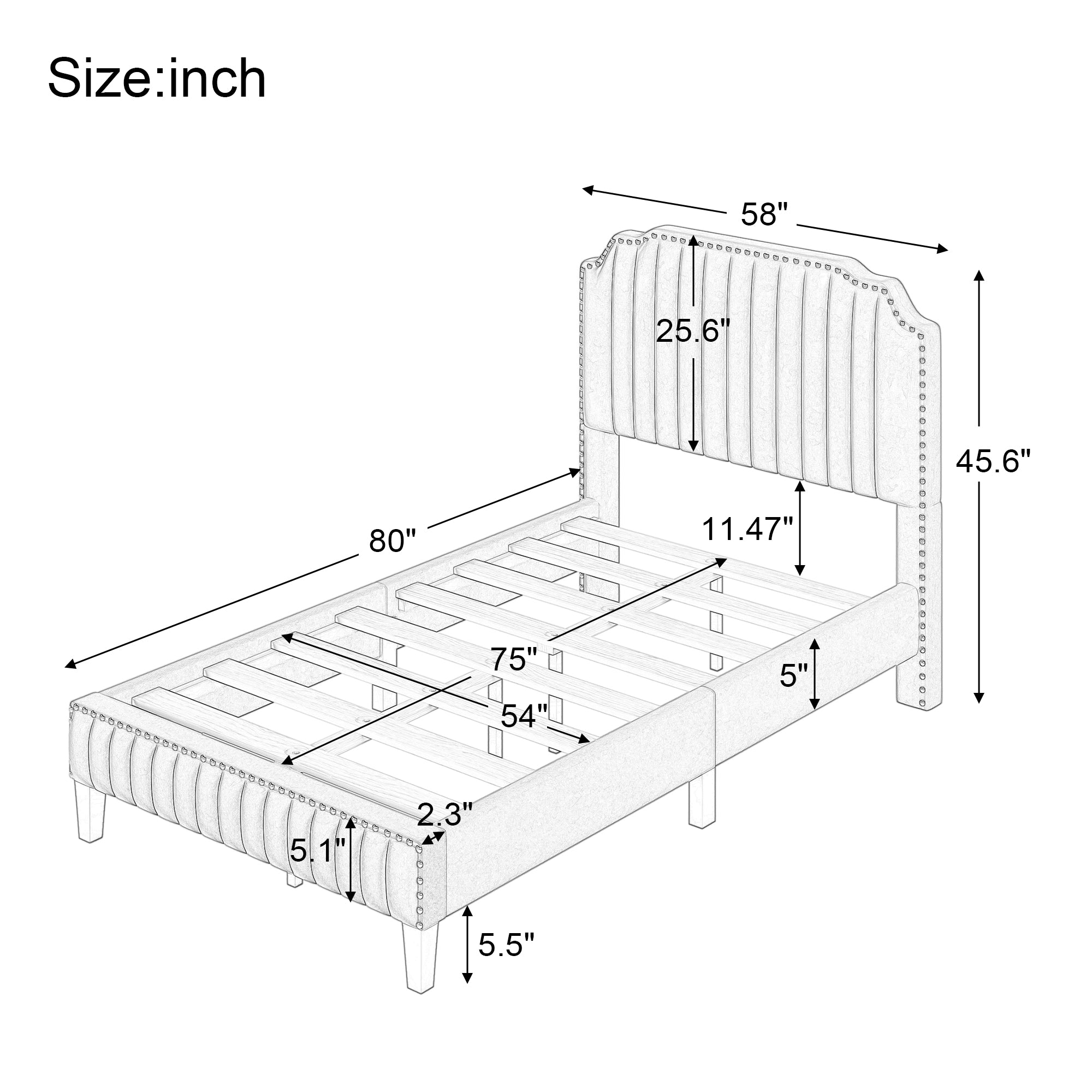 Royard Oaktree Platform Bed Frame Tufted Curved Headboard Linen Upholstered Bed with Solid Wood Frame and Slats, Nailhead Trim, No Box Spring Needed