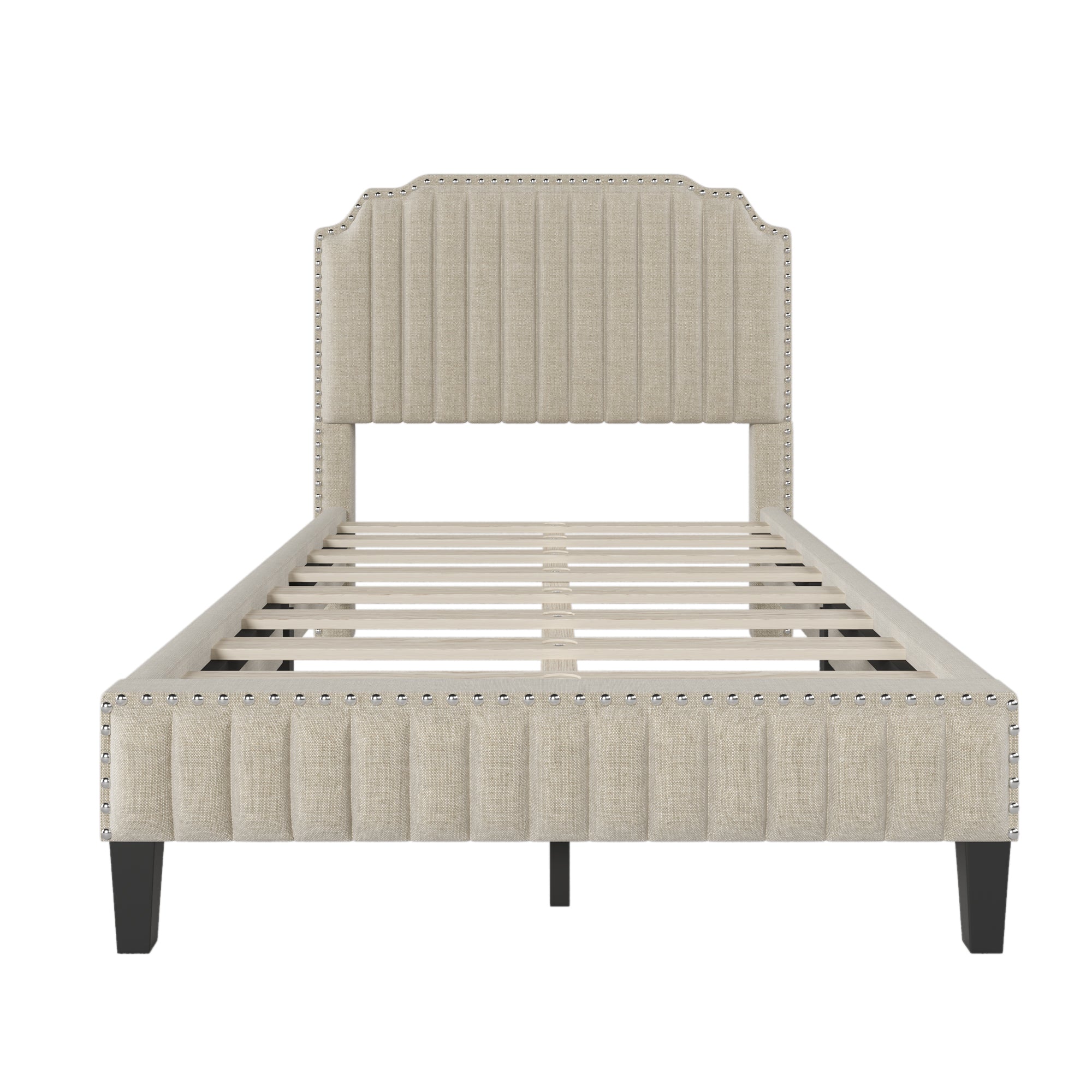 Royard Oaktree Platform Bed Frame Tufted Curved Headboard Linen Upholstered Bed with Solid Wood Frame and Slats, Nailhead Trim, No Box Spring Needed