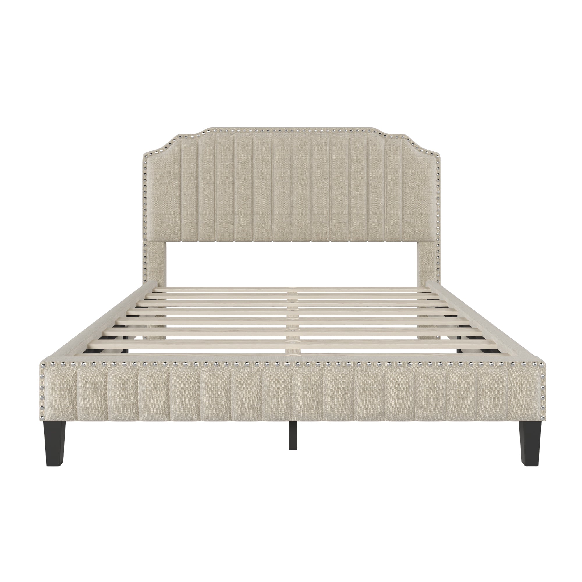 Royard Oaktree Platform Bed Frame Tufted Curved Headboard Linen Upholstered Bed with Solid Wood Frame and Slats, Nailhead Trim, No Box Spring Needed