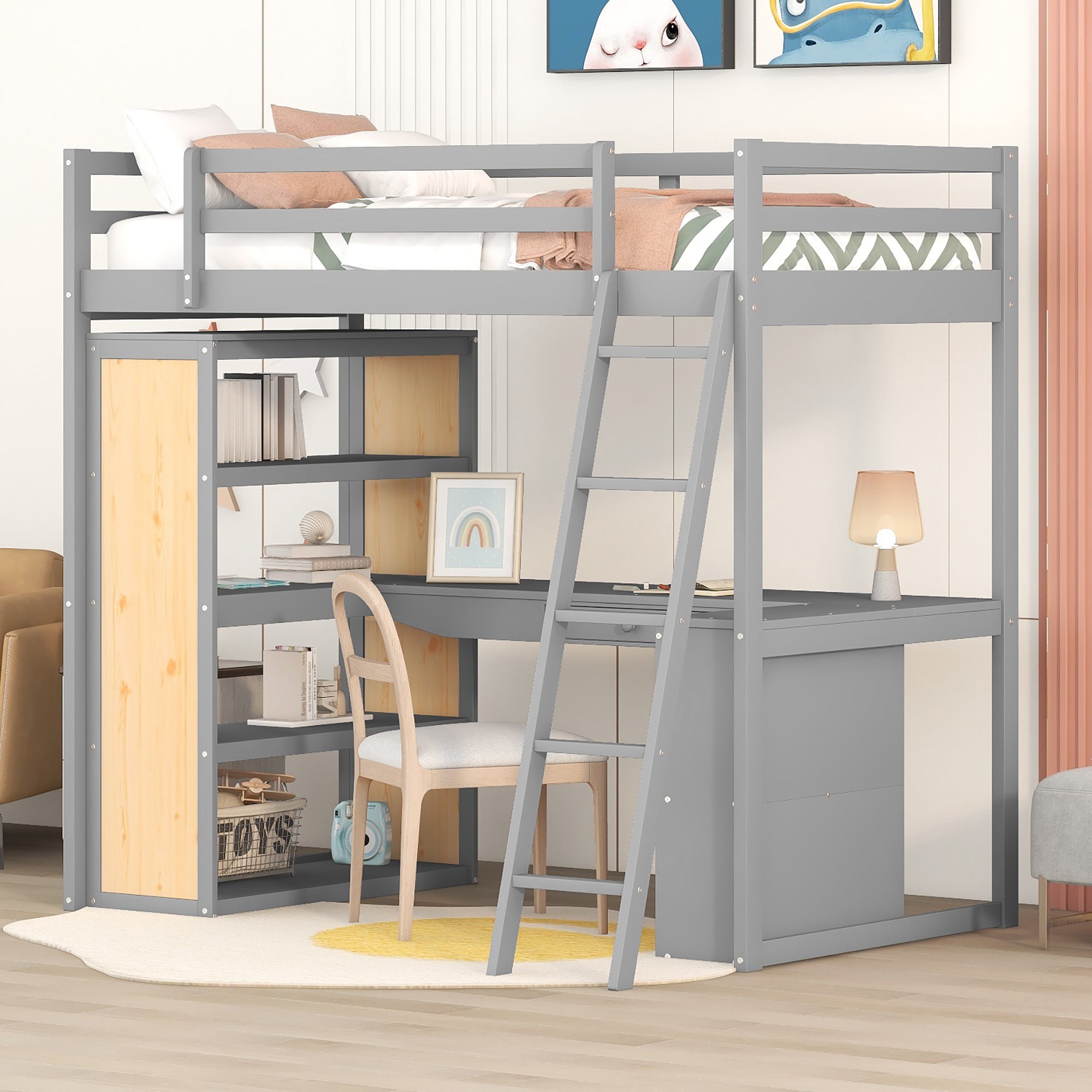 Royard Oaktree Twin Size Loft Bed with Built-in Desk and Shelves Wood Loft Bed Frame with Guardrail and Convertible Ladder