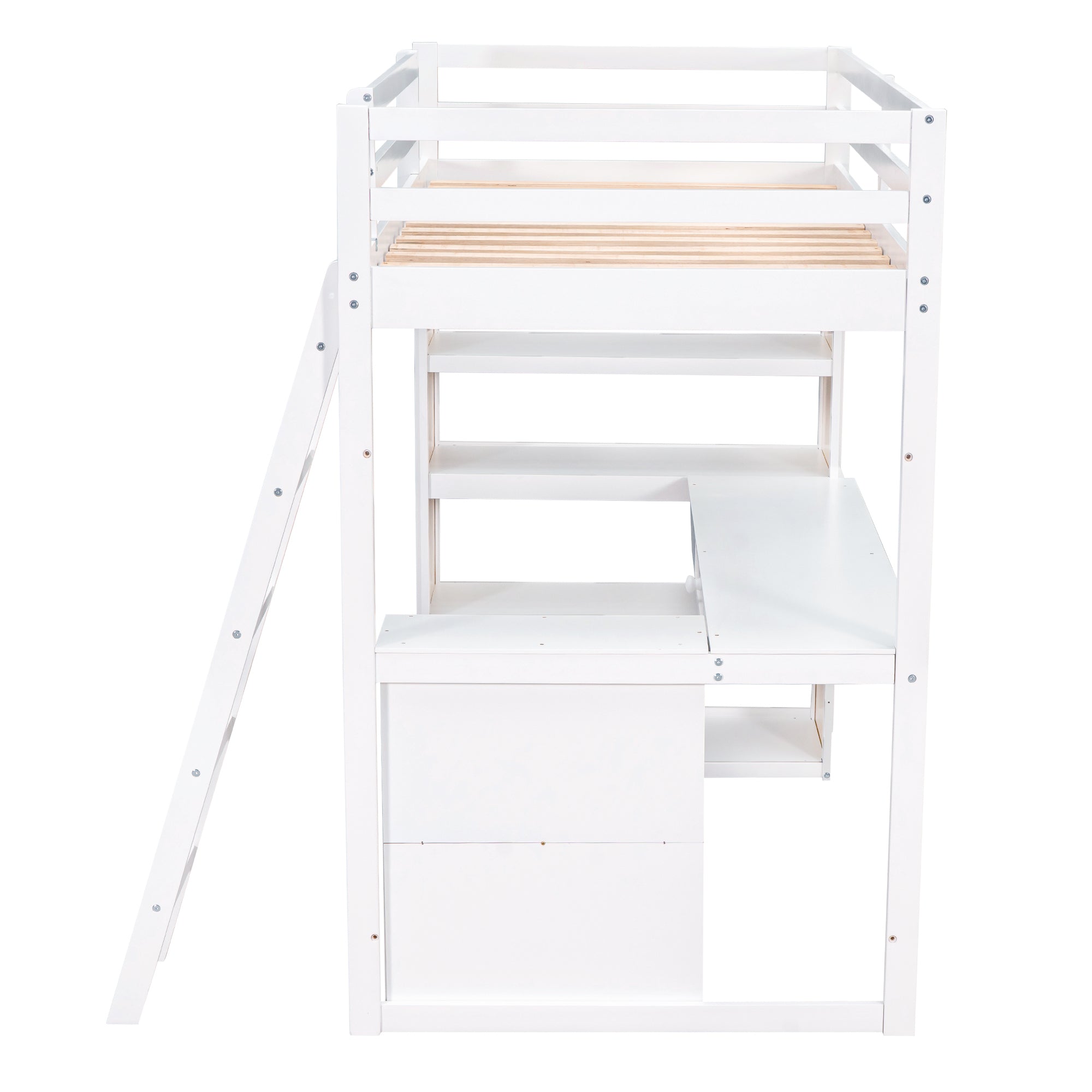 Royard Oaktree Twin Size Loft Bed with Built-in Desk and Shelves Wood Loft Bed Frame with Guardrail and Convertible Ladder