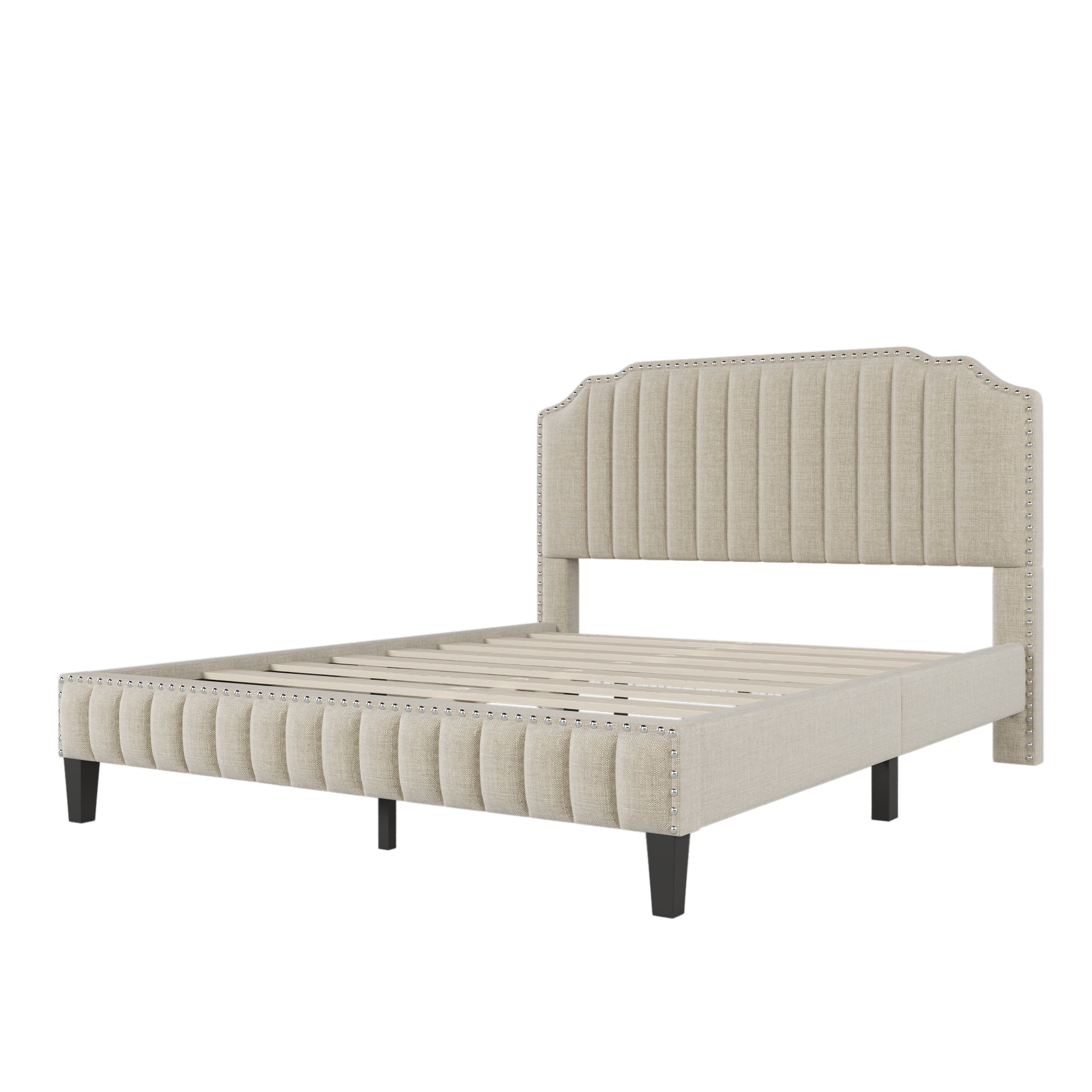 Royard Oaktree Platform Bed Frame Tufted Curved Headboard Linen Upholstered Bed with Solid Wood Frame and Slats, Nailhead Trim, No Box Spring Needed