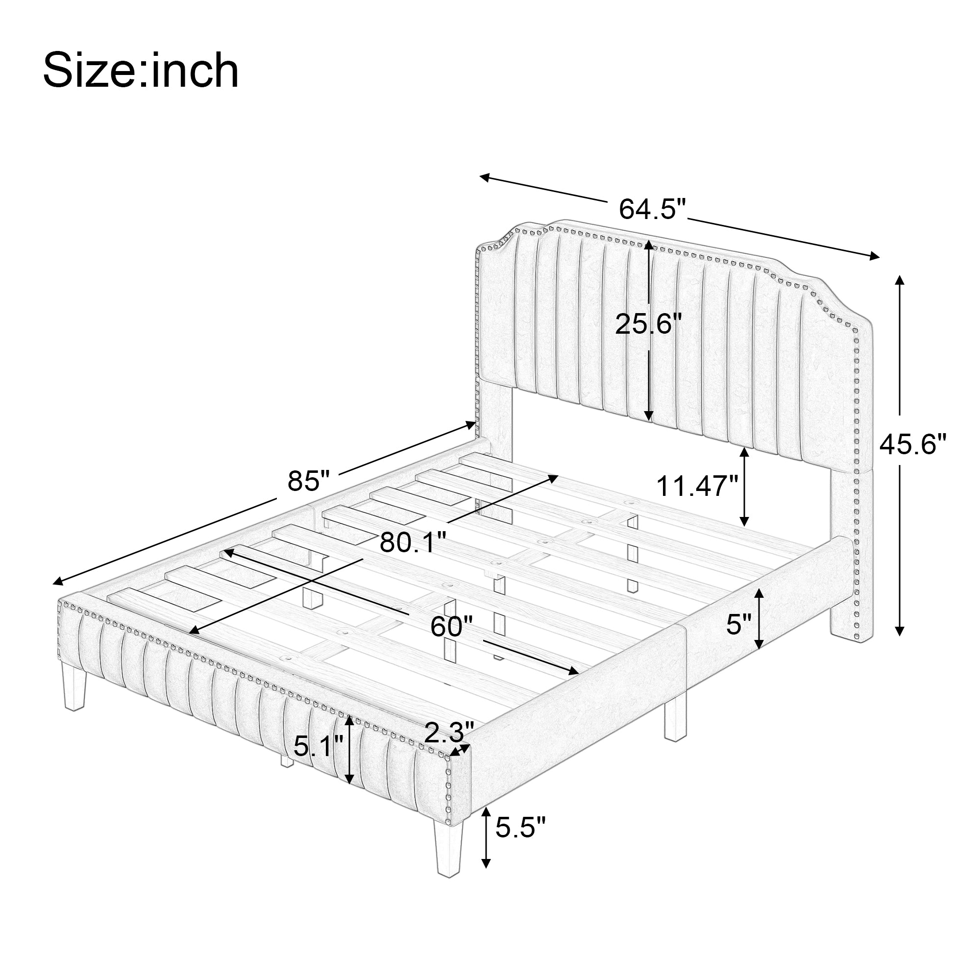 Royard Oaktree Platform Bed Frame Tufted Curved Headboard Linen Upholstered Bed with Solid Wood Frame and Slats, Nailhead Trim, No Box Spring Needed