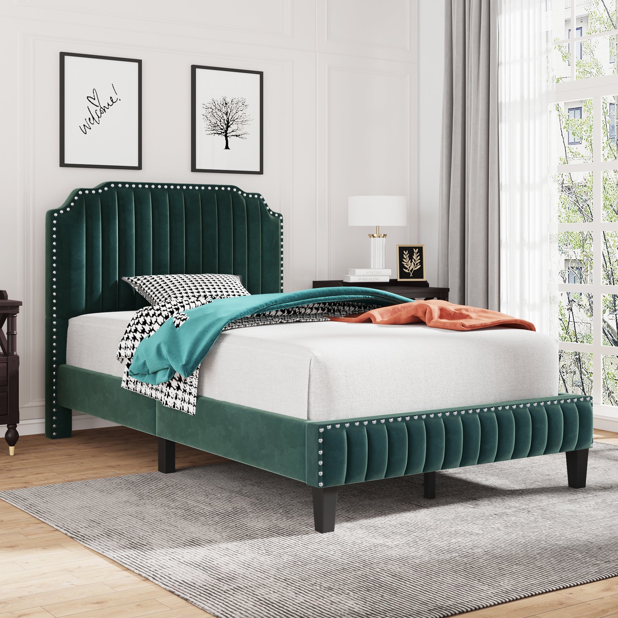 Royard Oaktree Platform Bed Frame Tufted Curved Headboard Linen Upholstered Bed with Solid Wood Frame and Slats, Nailhead Trim, No Box Spring Needed