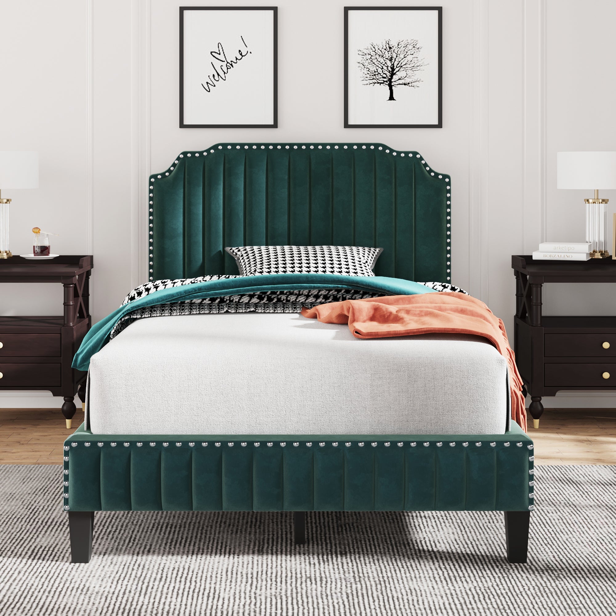 Royard Oaktree Platform Bed Frame Tufted Curved Headboard Linen Upholstered Bed with Solid Wood Frame and Slats, Nailhead Trim, No Box Spring Needed