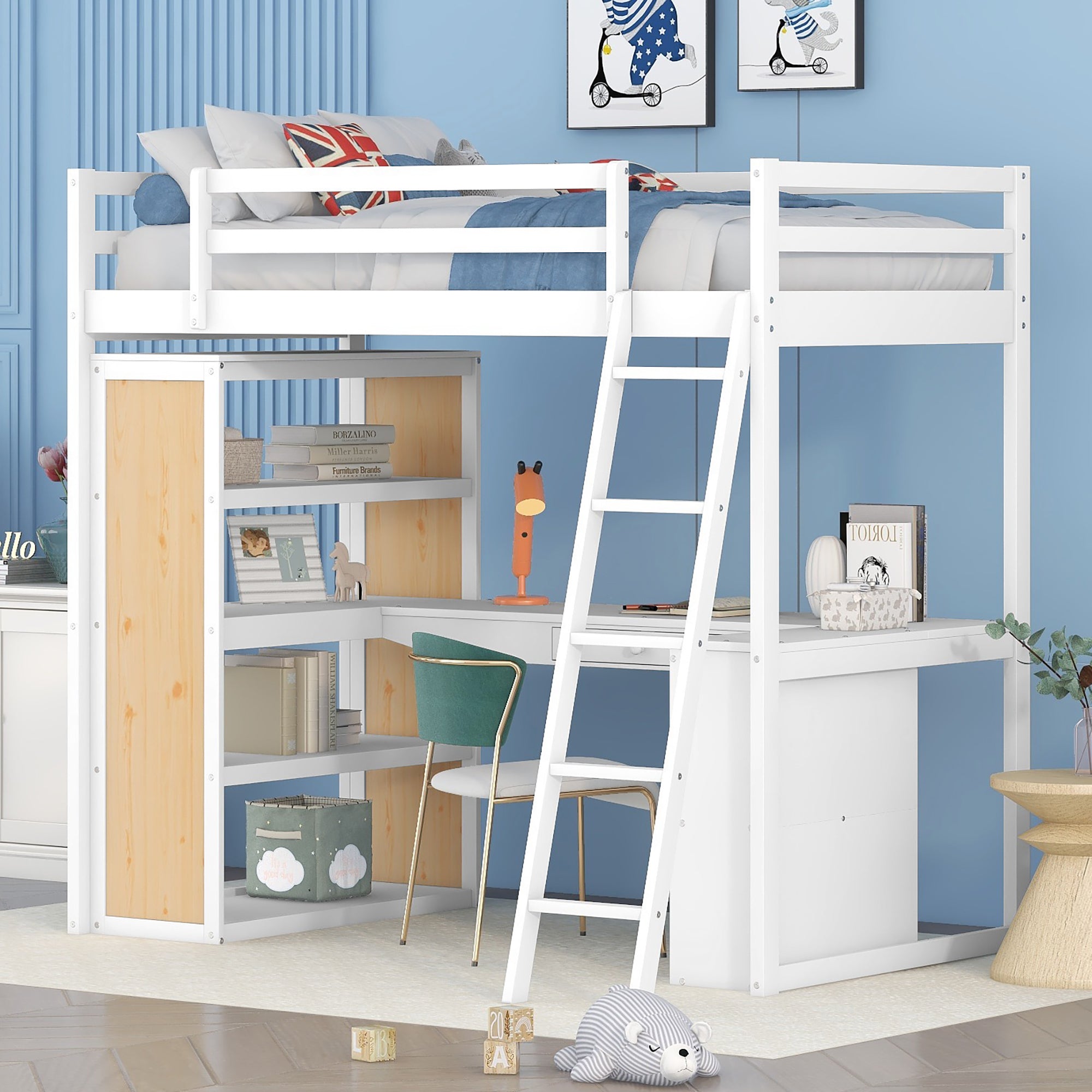 Royard Oaktree Twin Size Loft Bed with Built-in Desk and Shelves Wood Loft Bed Frame with Guardrail and Convertible Ladder