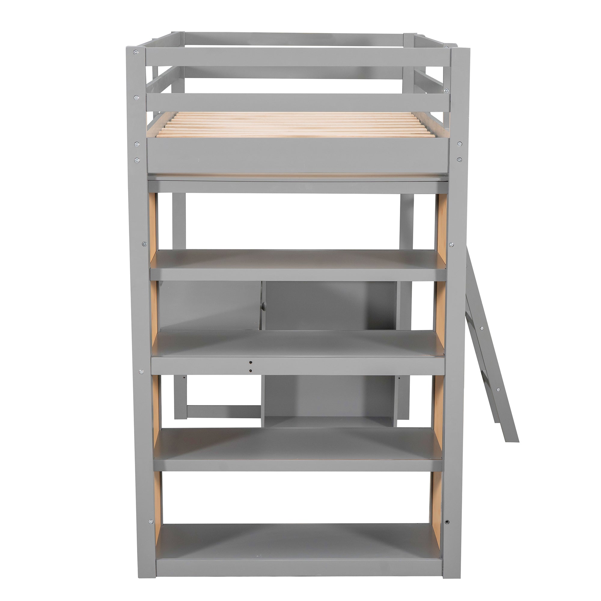 Royard Oaktree Twin Size Loft Bed with Built-in Desk and Shelves Wood Loft Bed Frame with Guardrail and Convertible Ladder