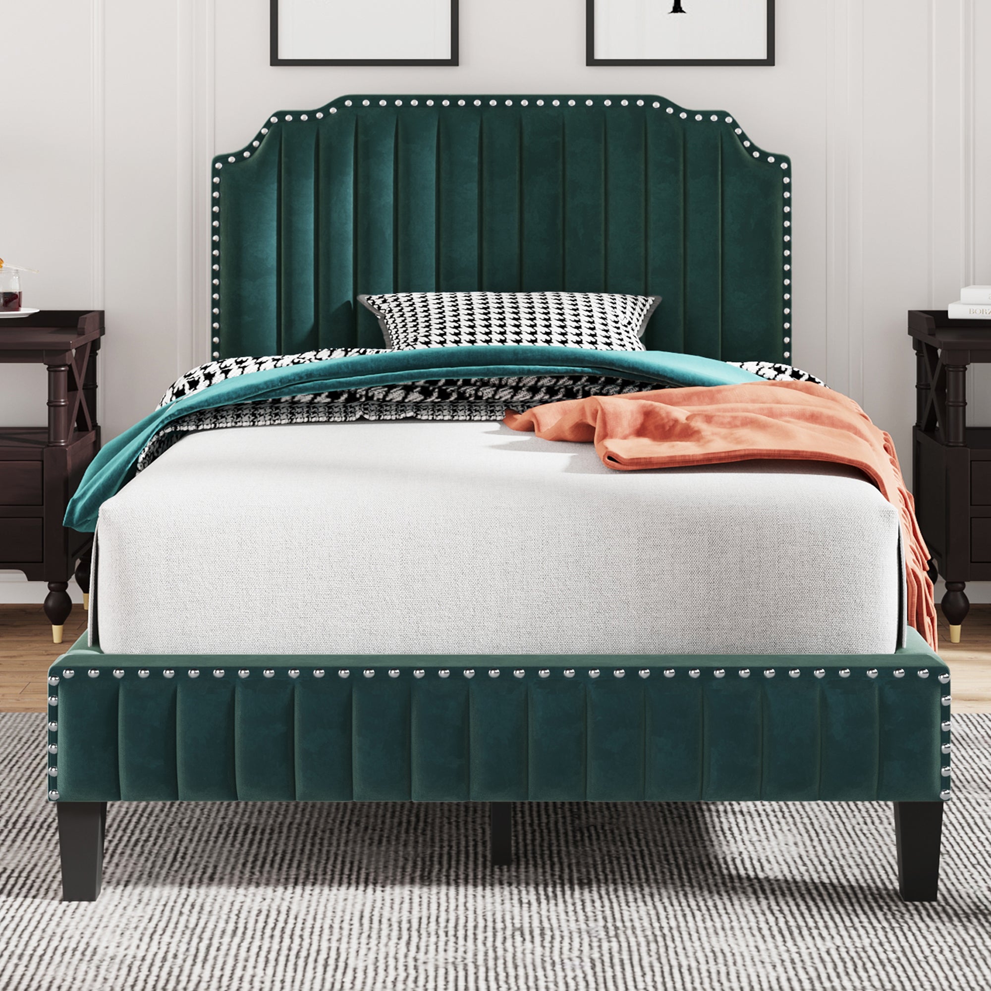 Royard Oaktree Platform Bed Frame Tufted Curved Headboard Linen Upholstered Bed with Solid Wood Frame and Slats, Nailhead Trim, No Box Spring Needed