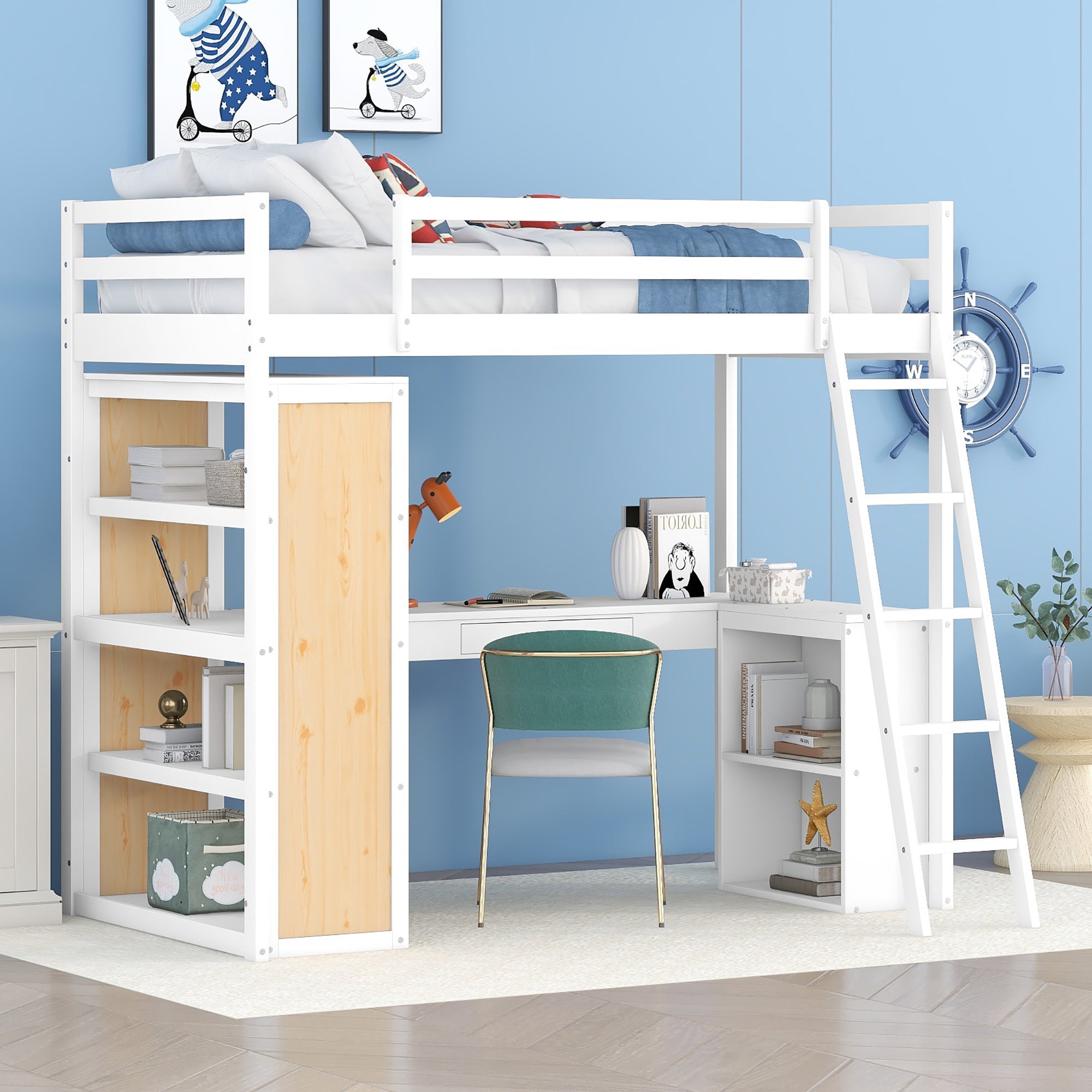 Royard Oaktree Twin Size Loft Bed with Built-in Desk and Shelves Wood Loft Bed Frame with Guardrail and Convertible Ladder