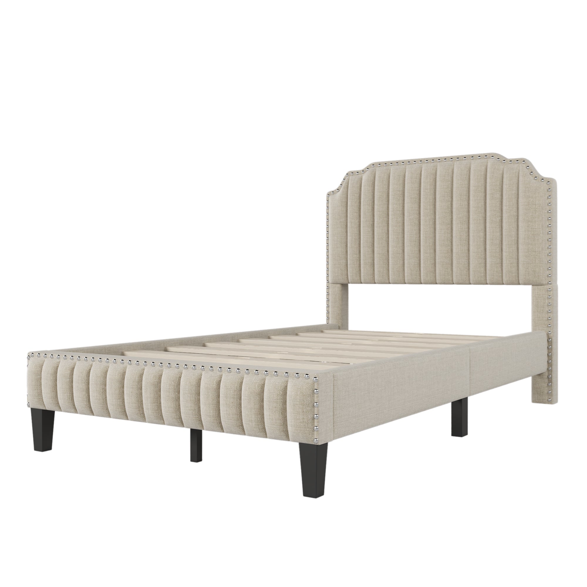 Royard Oaktree Platform Bed Frame Tufted Curved Headboard Linen Upholstered Bed with Solid Wood Frame and Slats, Nailhead Trim, No Box Spring Needed