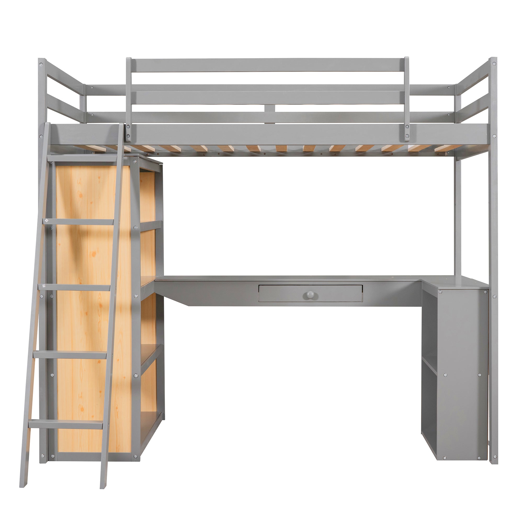 Royard Oaktree Twin Size Loft Bed with Built-in Desk and Shelves Wood Loft Bed Frame with Guardrail and Convertible Ladder